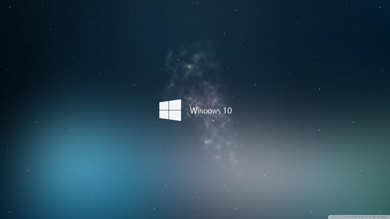 Windows 10 桌布 壁紙 — Windows 10 標誌置中於星空夜空，帶有發光星雲和漸層藍綠色背景。