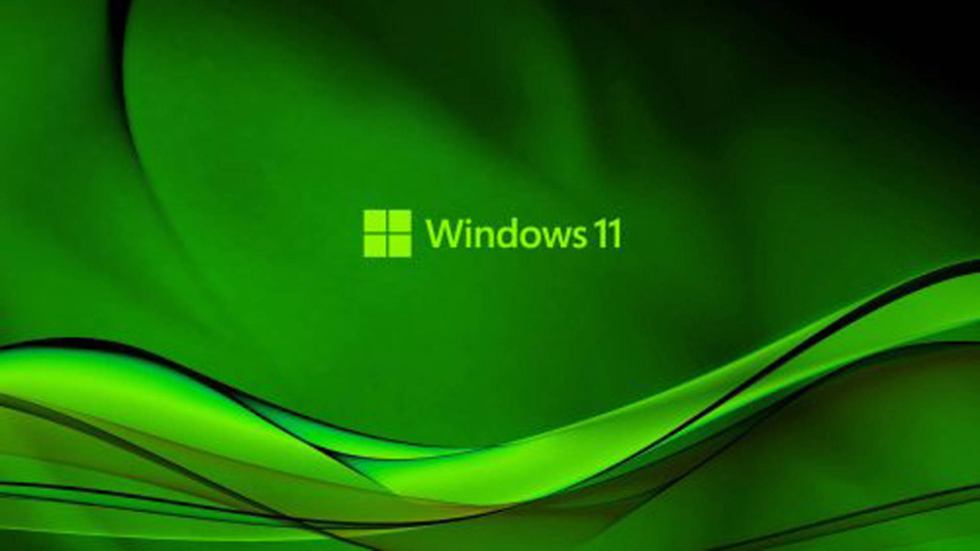 Windows 11 標誌在綠色抽象波浪背景上 — Windows 11 壁紙