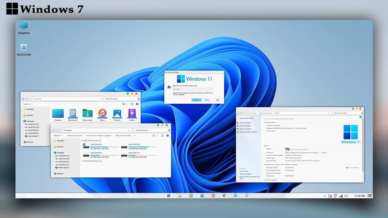 Windows 7 桌布 壁紙 — Windows 11 桌面介面疊加在帶有藍色抽象漩渦和開啟的檔案總管視窗的 Windows 7 桌布上。