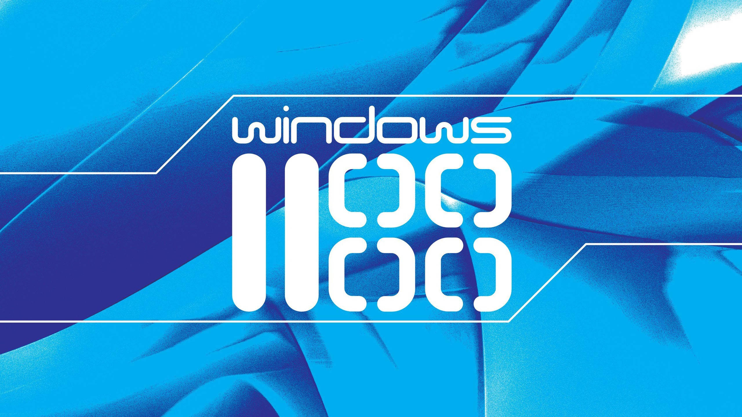 Windows 11 桌布 壁紙 — Windows 11 標誌以粗體白色文字居中顯示在帶有幾何線條的動態藍色抽象背景上。