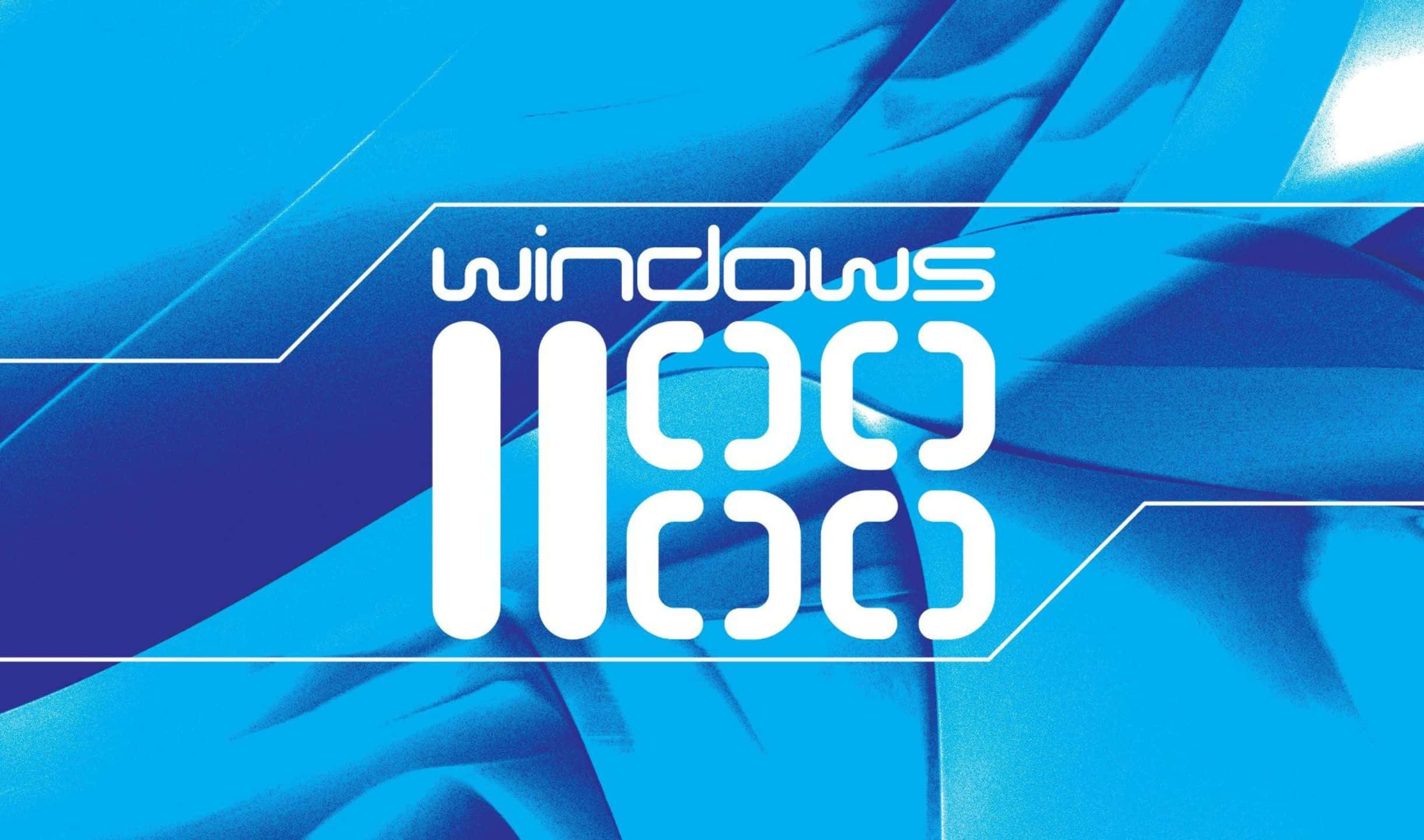Windows 11 桌布 壁紙 — Windows 11 標誌以粗體白色文字居中顯示在帶有幾何線條的動態藍色抽象背景上。