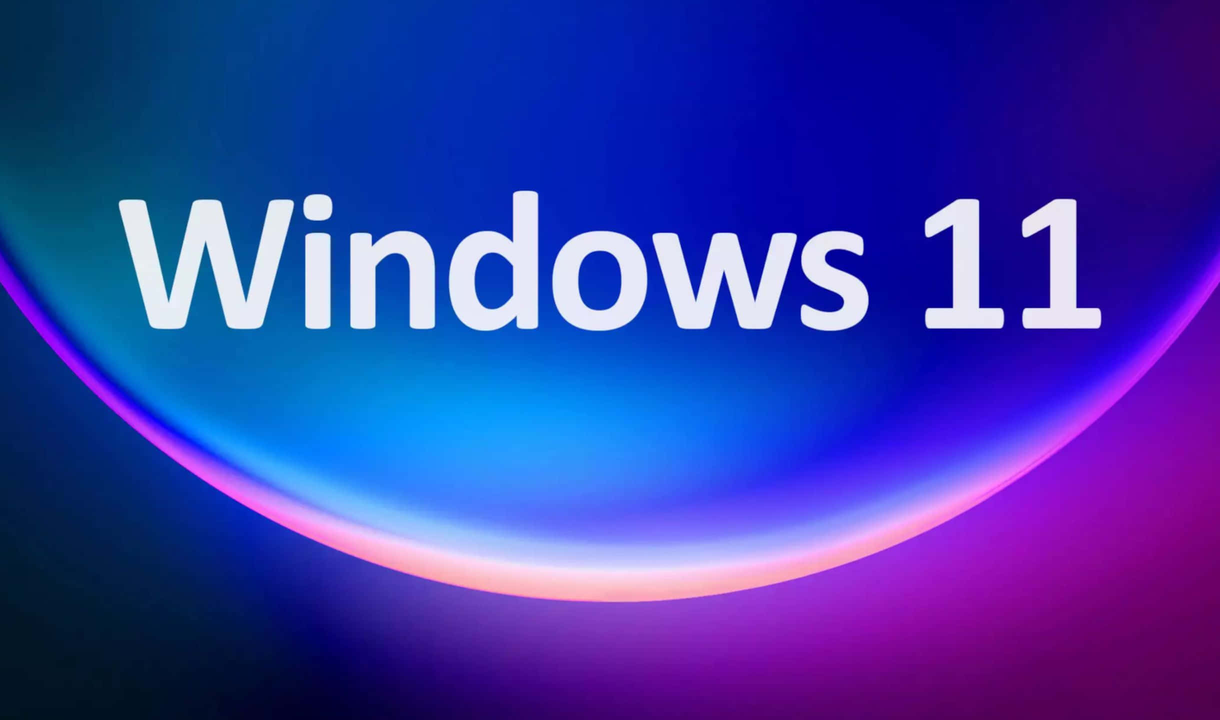 Windows 11 桌布 壁紙 — Windows 11 標誌以粗體白色文字居中於發光的藍色和紫色漸變曲線上。
