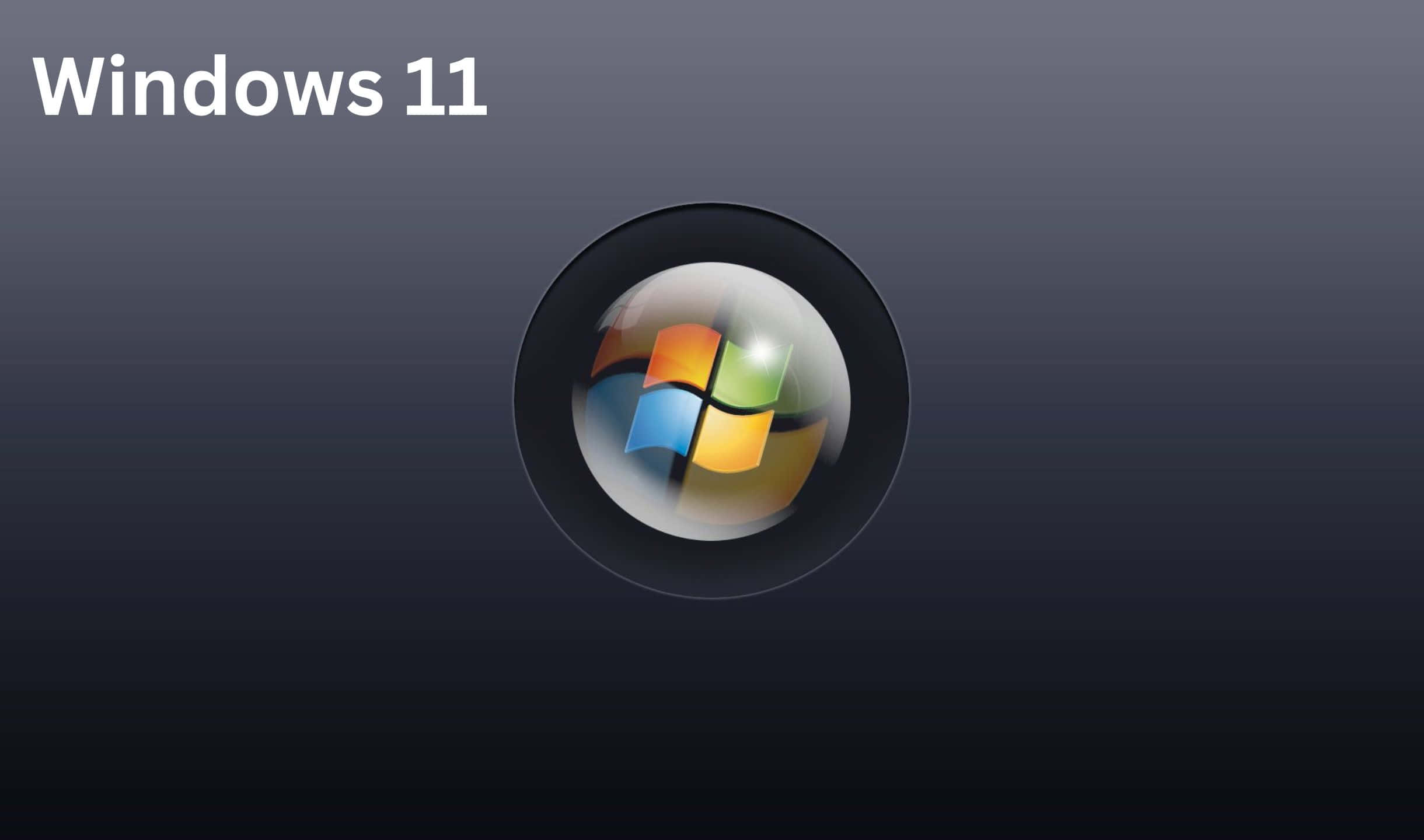 Windows 11 桌布 壁紙 — Windows 11 標誌位於亮面黑色圓圈中央，背景為深色漸層，上方有白色文字。