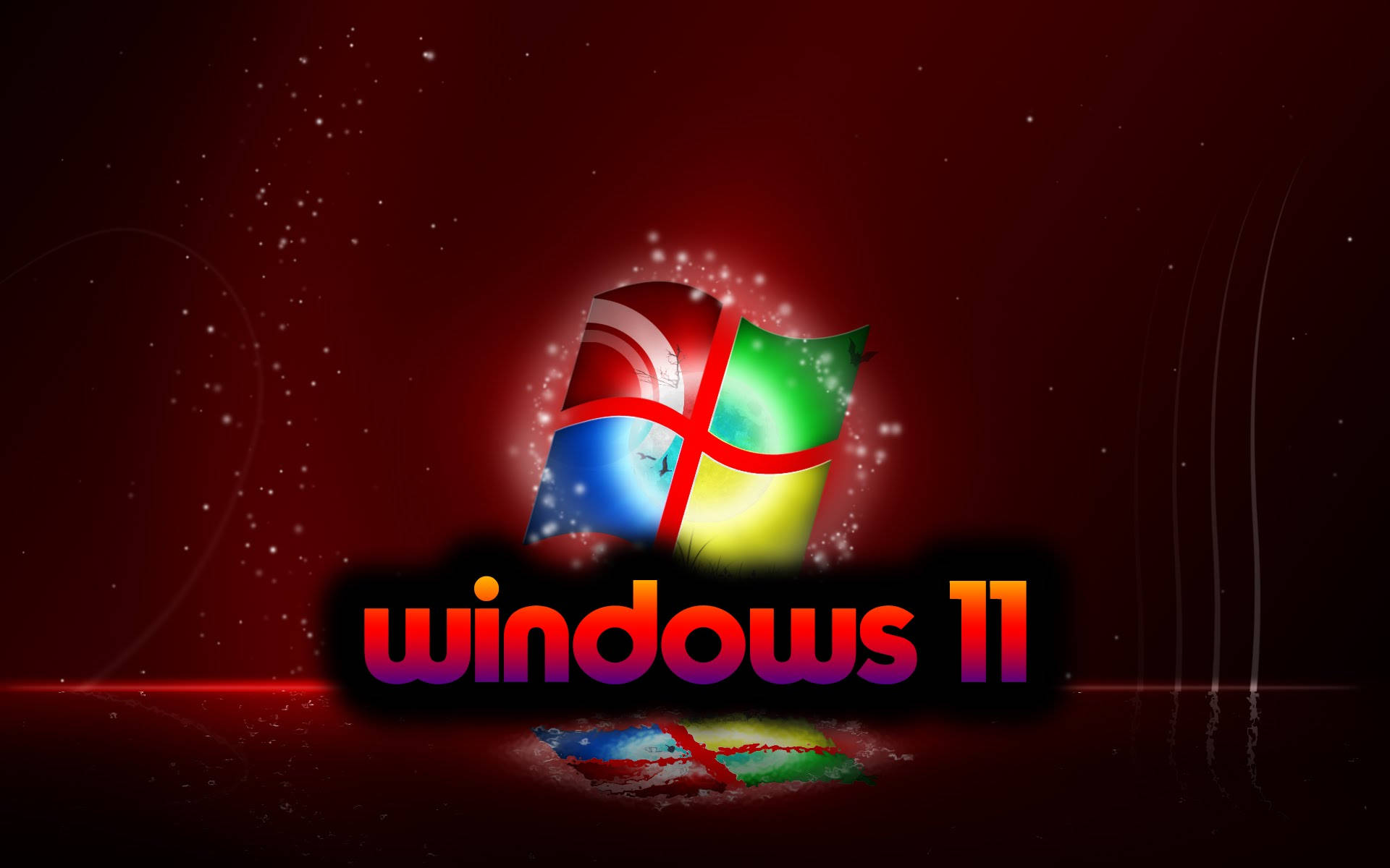 Windows 11 桌布 壁紙 — Windows 11 標誌在深紅色宇宙背景上閃耀著鮮豔色彩，並帶有閃爍粒子。