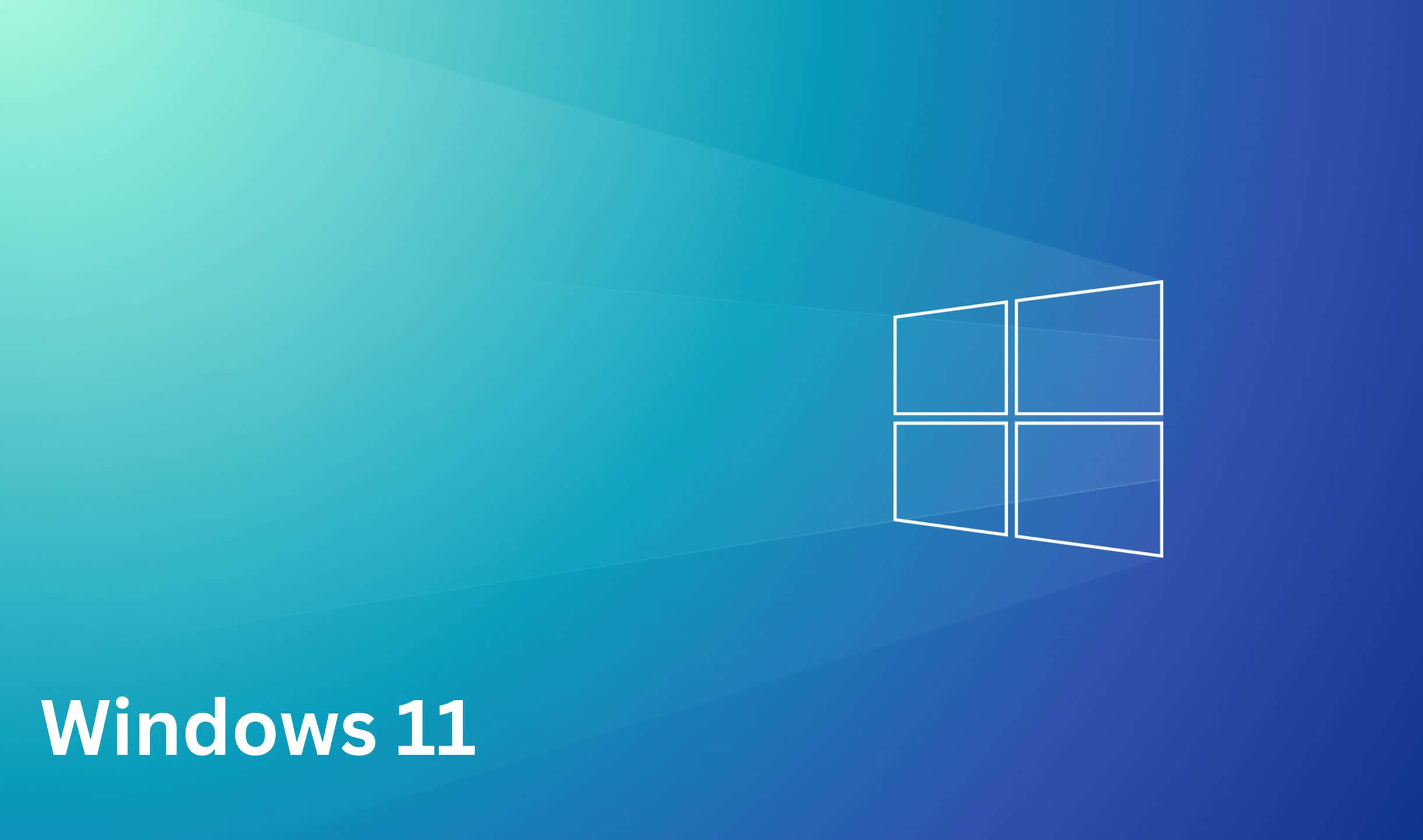 Windows 11 桌布 壁紙 — Windows 11 標誌在漸層藍色背景上以白色閃耀，背後散發出柔和的光線。