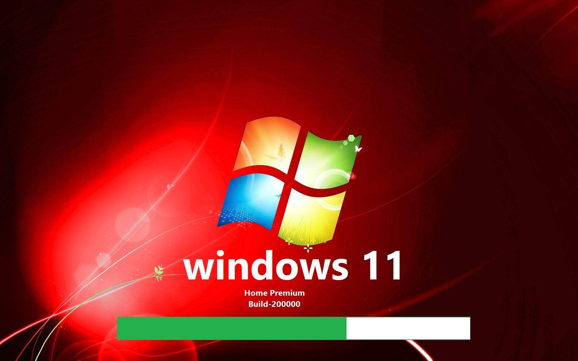 Windows 11 桌布 壁紙 — Windows 11 標誌在鮮紅色背景上發光，帶有光條和綠色進度條。