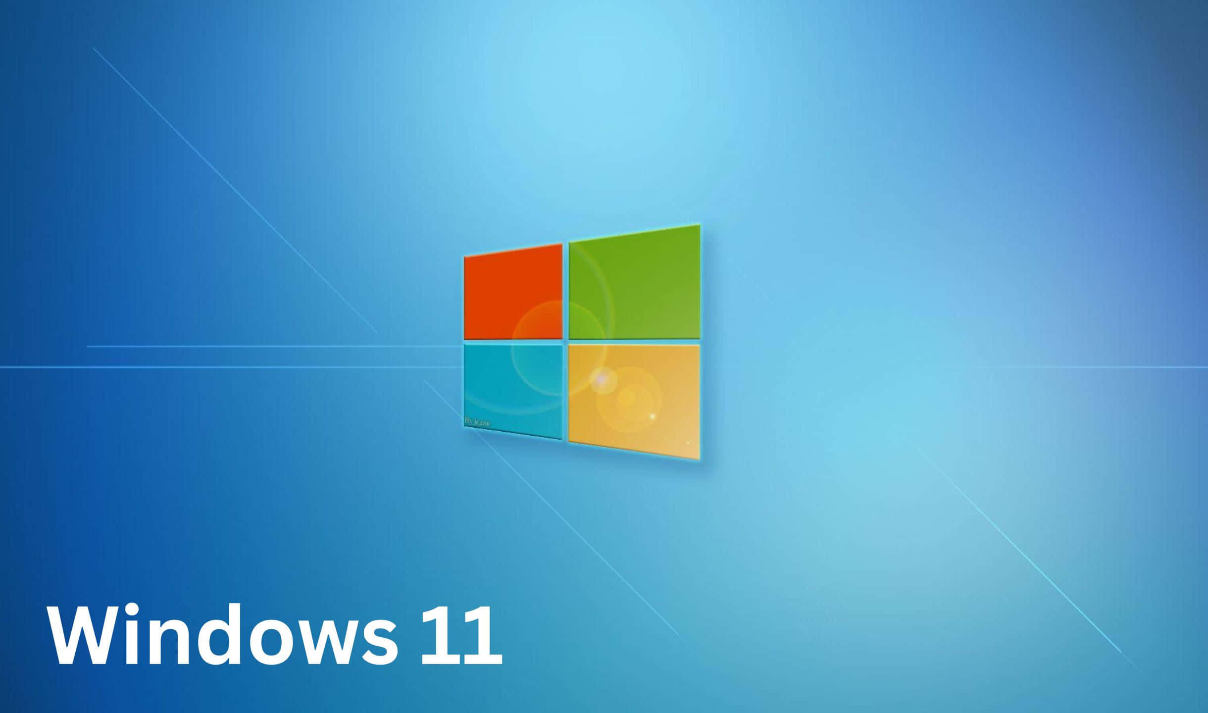 Windows 11 桌布 壁紙 — Windows 11 標誌居中於漸變藍色背景，帶有微妙的光線條紋和底部文字。
