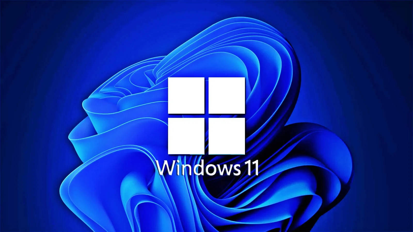 Windows 桌布 壁紙 — Windows 11 標誌居中於動態藍色抽象波浪背景上。