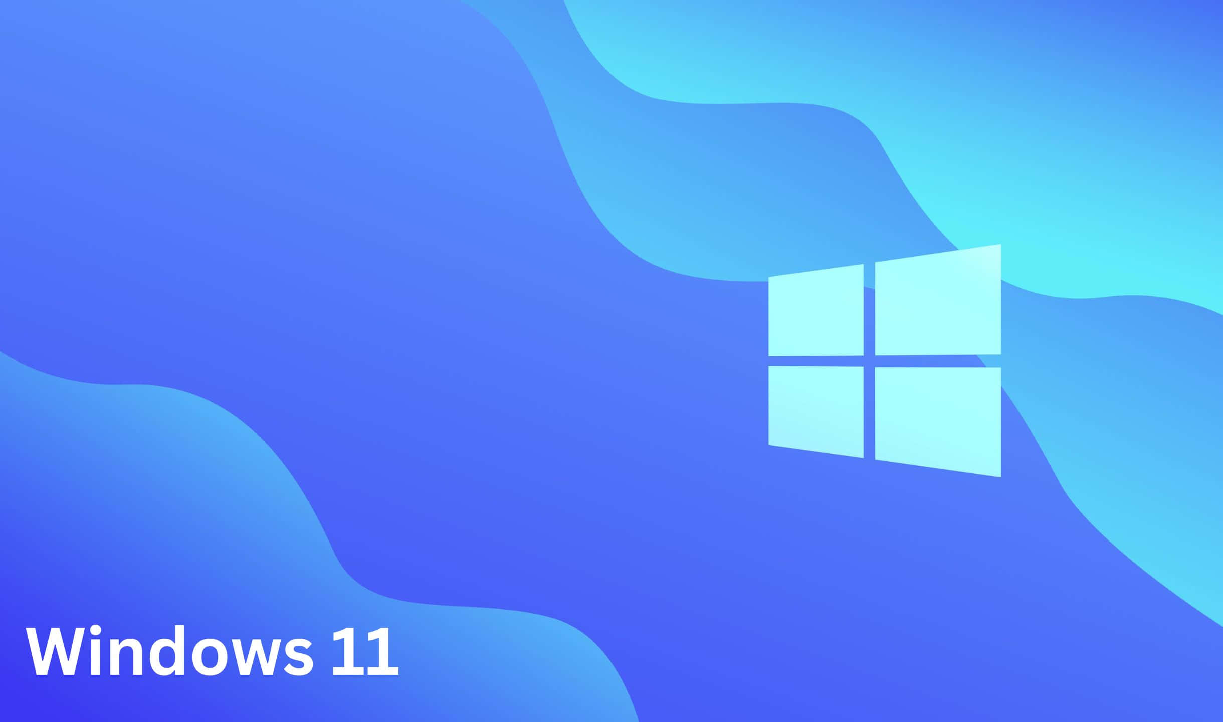 Windows 11 桌布 壁紙 — Windows 11 標誌居中於流動漸變藍色抽象背景上，帶有柔和波浪形狀。