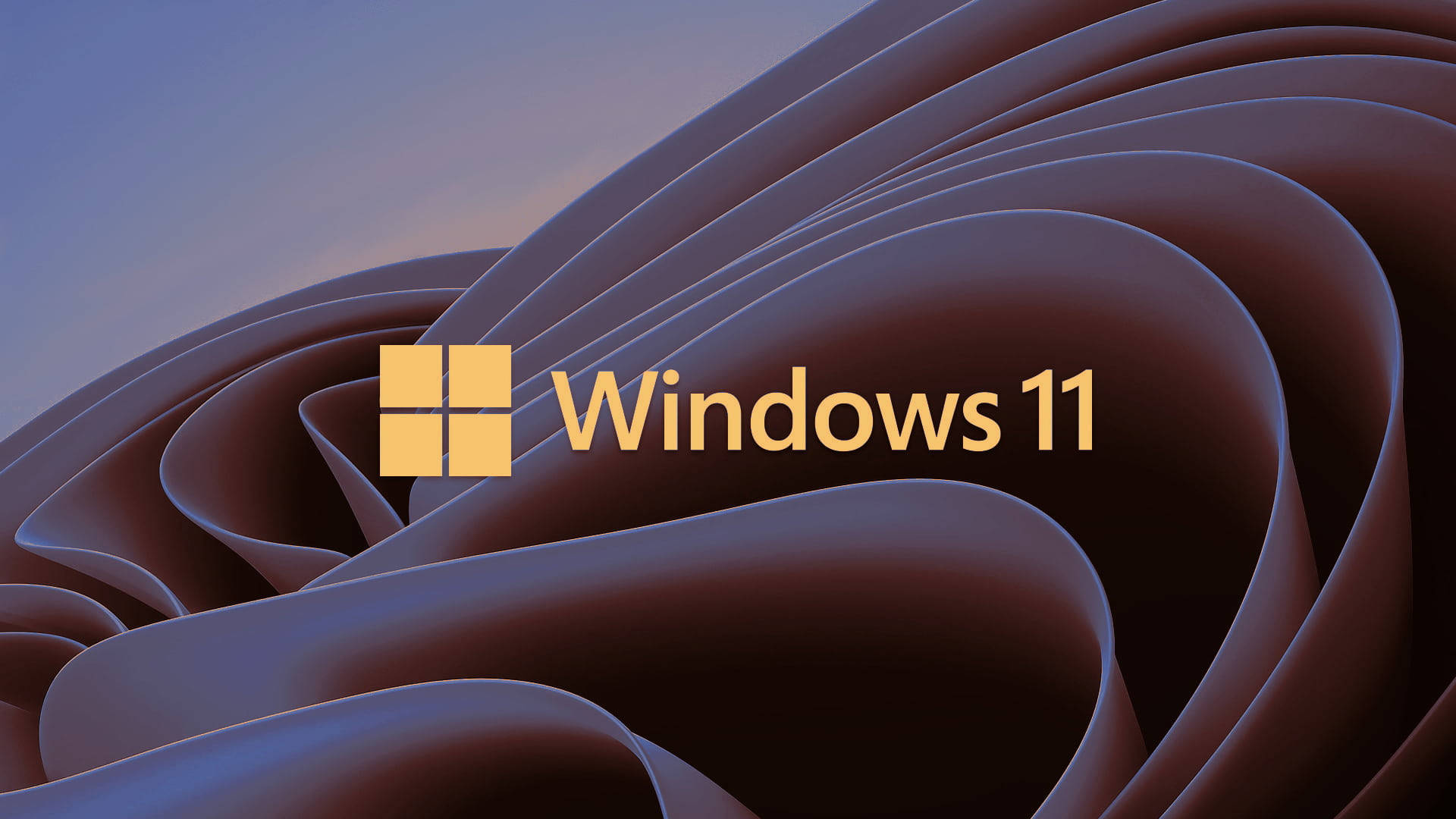 背景 桌布 壁紙 — Windows 11 標誌居中於流動的抽象棕色和紫色波浪背景上。