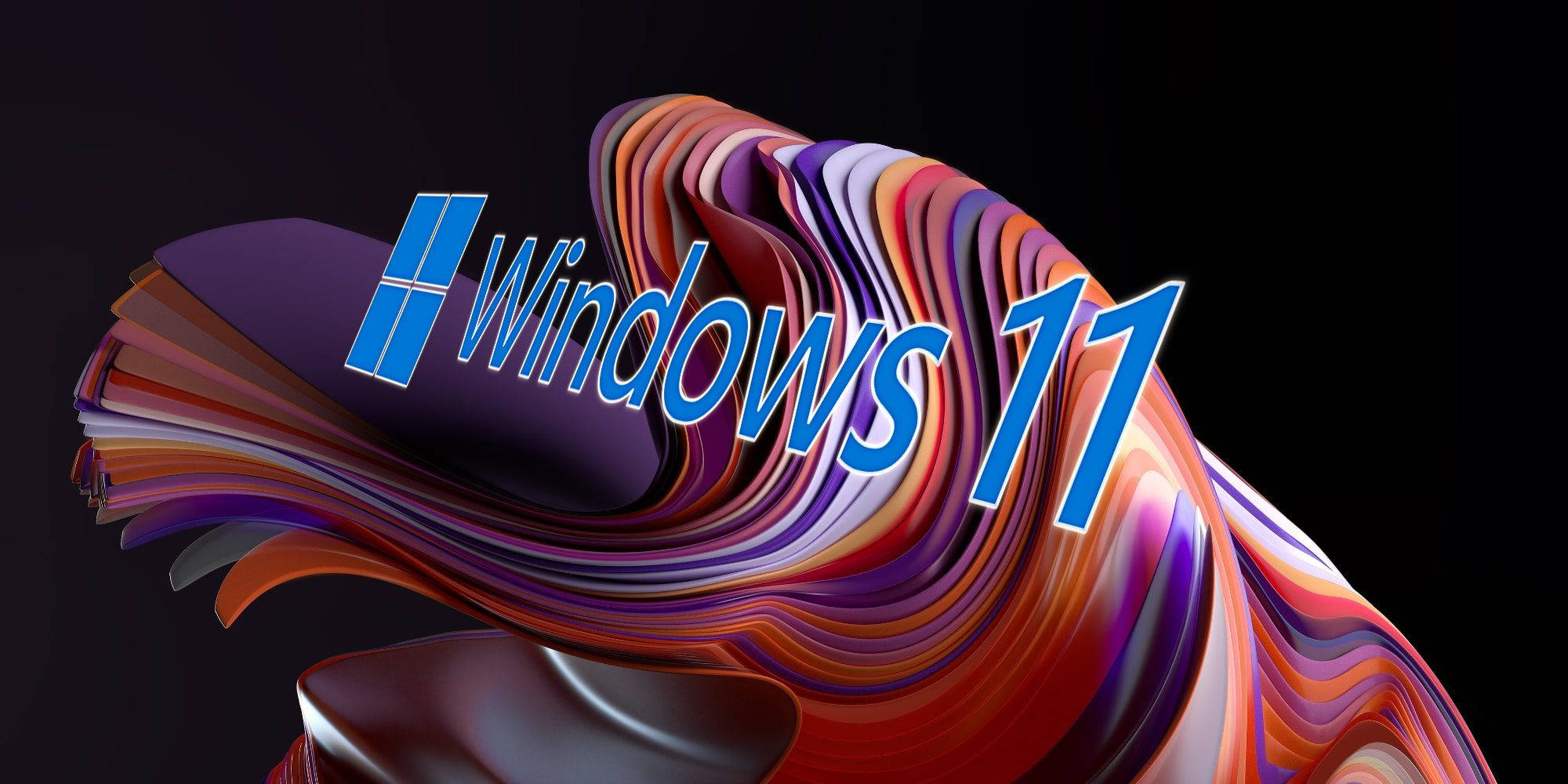 Windows 11 桌布 壁紙 — Windows 11 標誌從一條充滿活力的多色漸變漩渦絲帶中浮現，背景為深色。