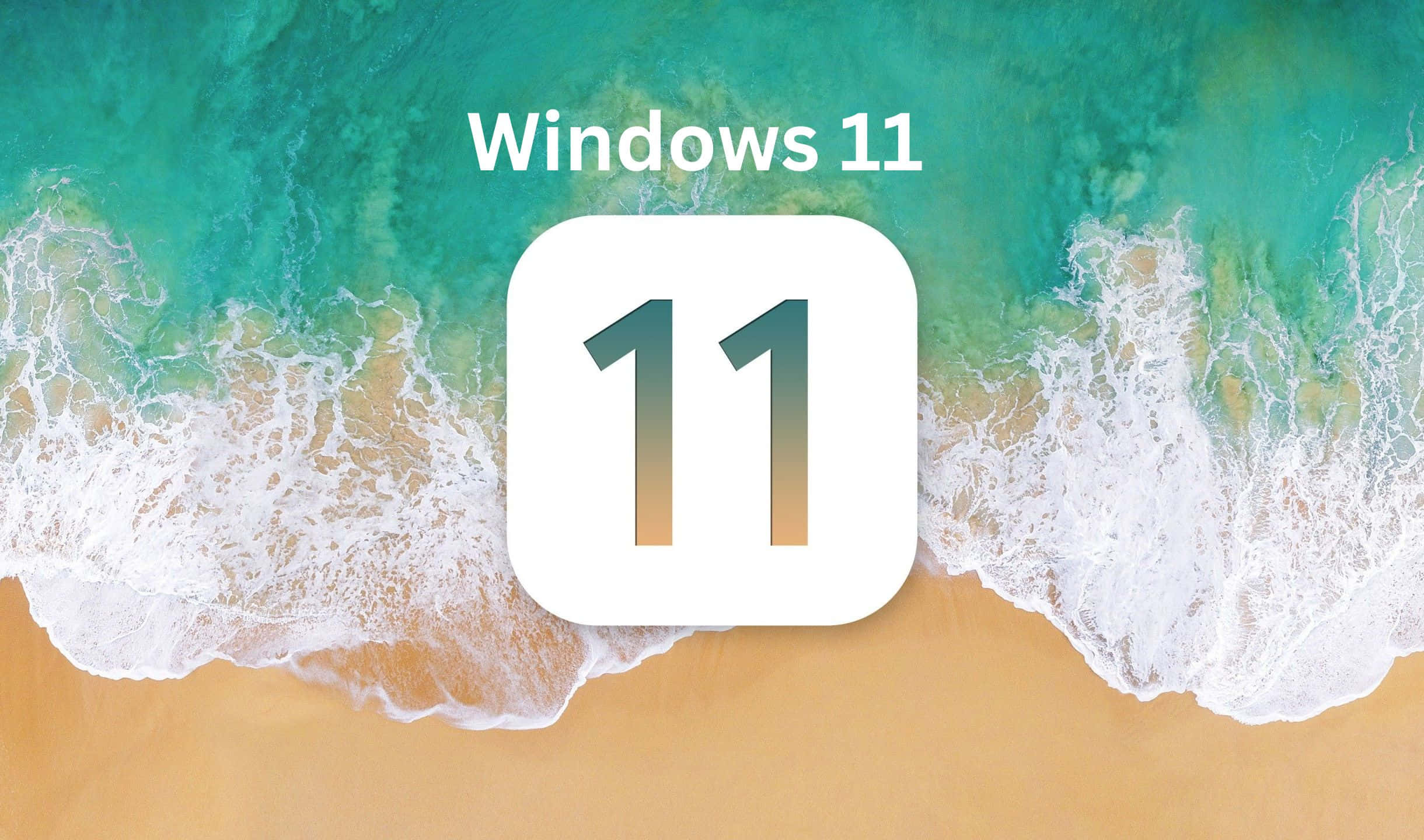 Windows 11 桌布 壁紙 — Windows 11 標誌漂浮在充滿活力的藍綠色海浪拍打金色沙灘之上。