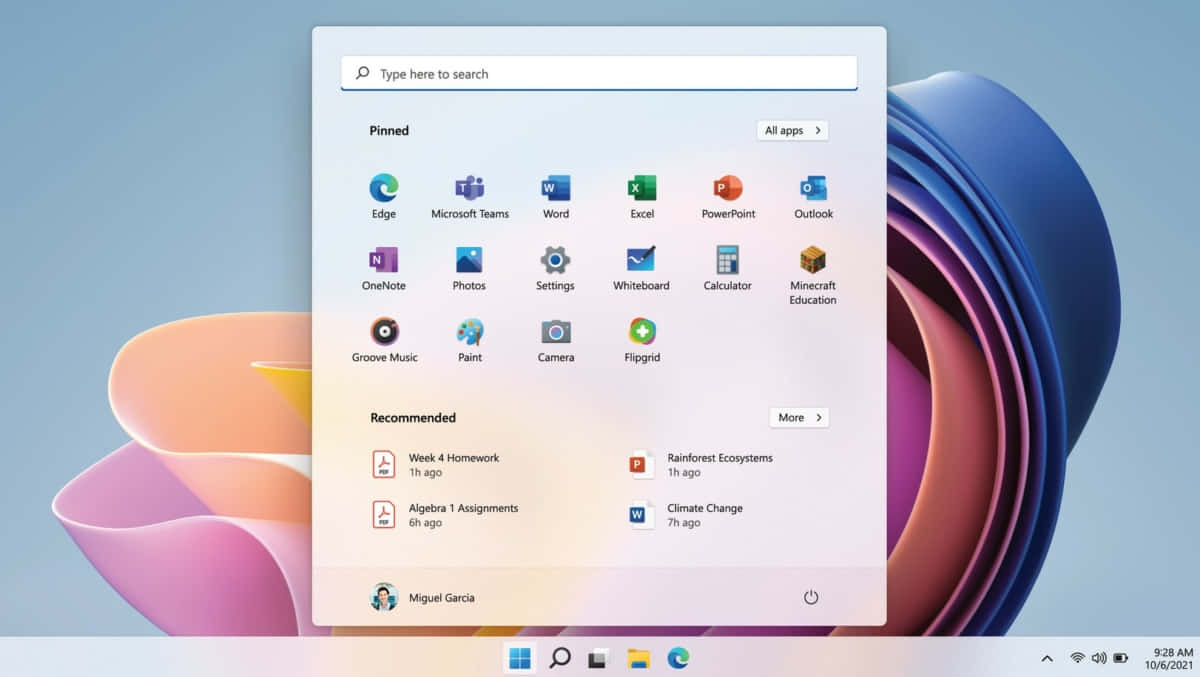 Update 桌布 壁紙 — Windows 11 開始功能表打開，顯示已釘選的應用程式和建議的文件，背景為柔和粉彩抽象圖案。