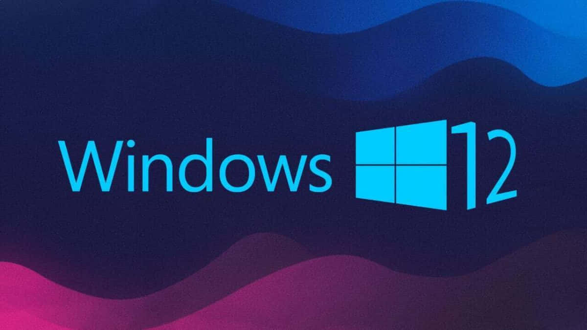  壁紙 — Windows 12 標誌，採用亮青色文字和視窗圖示，背景為流動的藍色和洋紅色漸層。