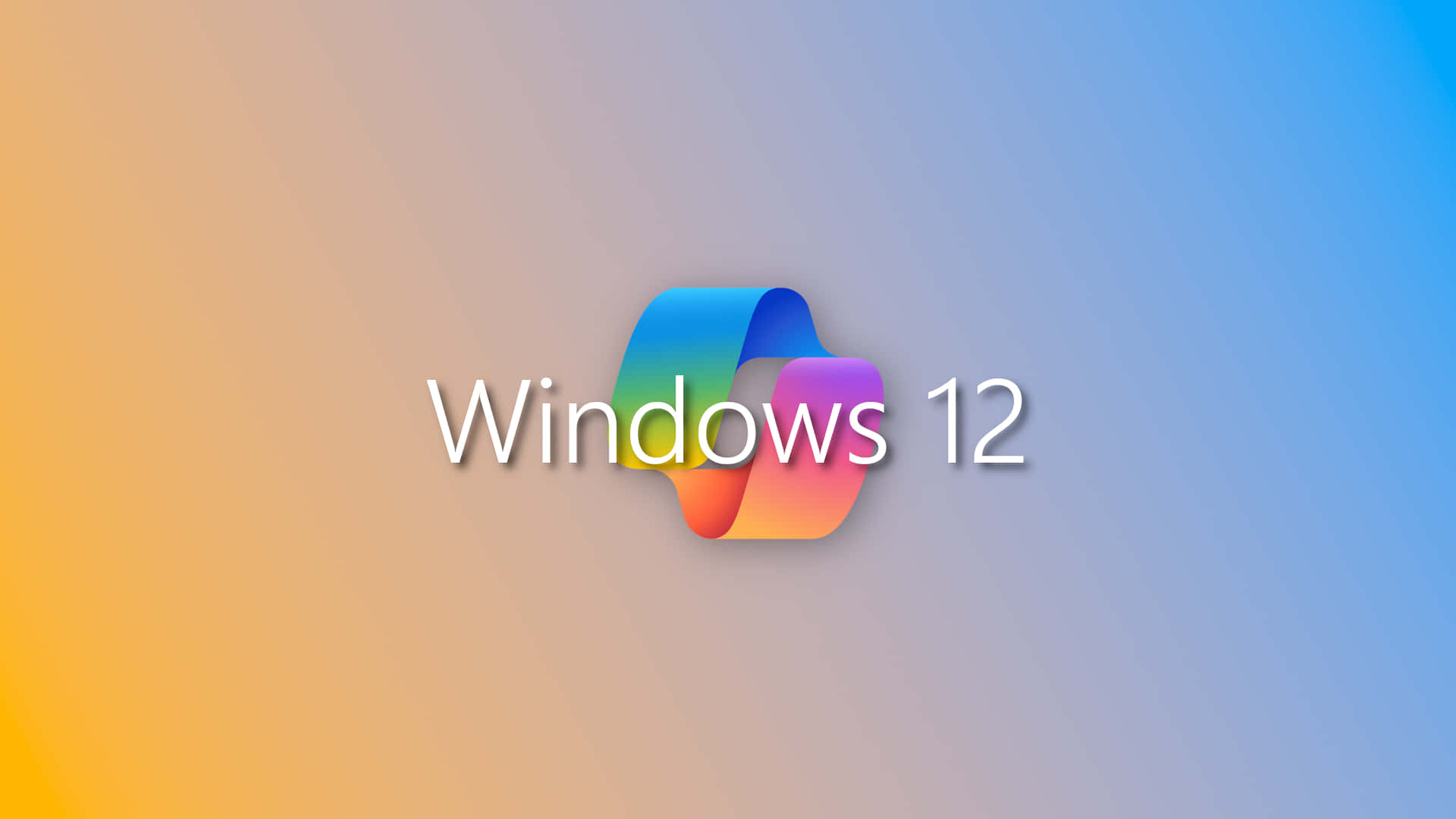  壁紙 — Windows 12 標誌，中央帶有彩虹漸層絲帶，背景為柔和橙色到藍色漸層。