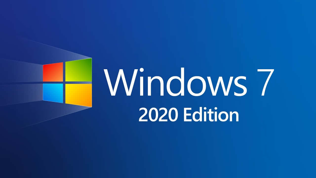 Windows 7 2020 Edition 標誌，帶有彩色窗格圖示，背景為藍色漸層。 — Windows 7 壁紙
