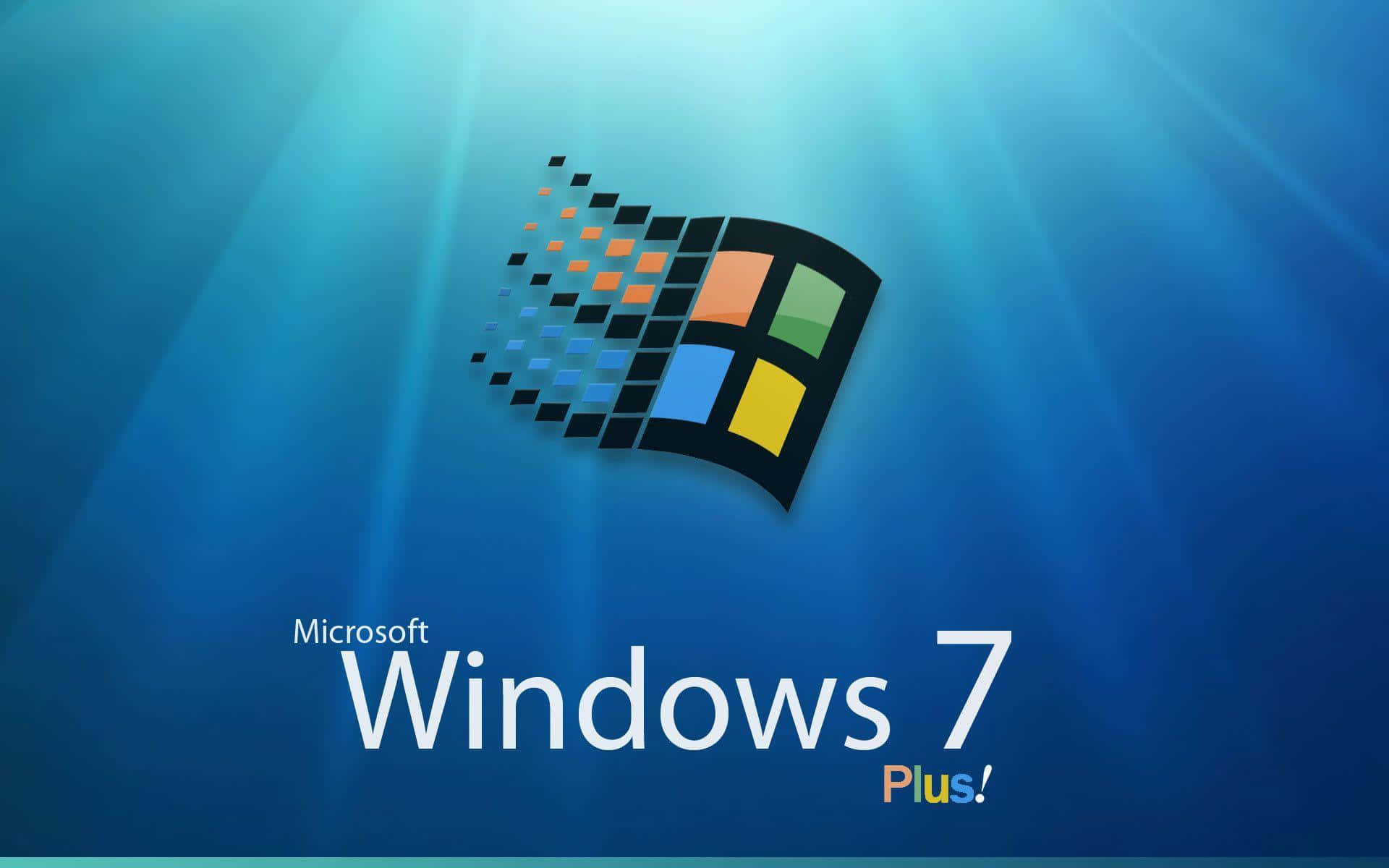 Windows 98 桌布 壁紙 — Windows 7 標誌漂浮在燦爛的藍光中，帶有像素化動態效果，下方有「Plus!」文字。
