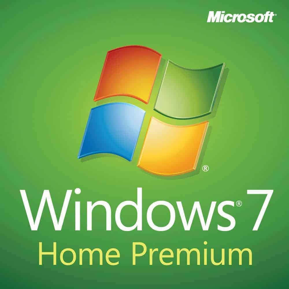 Windows 7 Home Premium 軟體標誌，帶有彩色玻璃面板，背景為綠色。 — Windows 7 壁紙