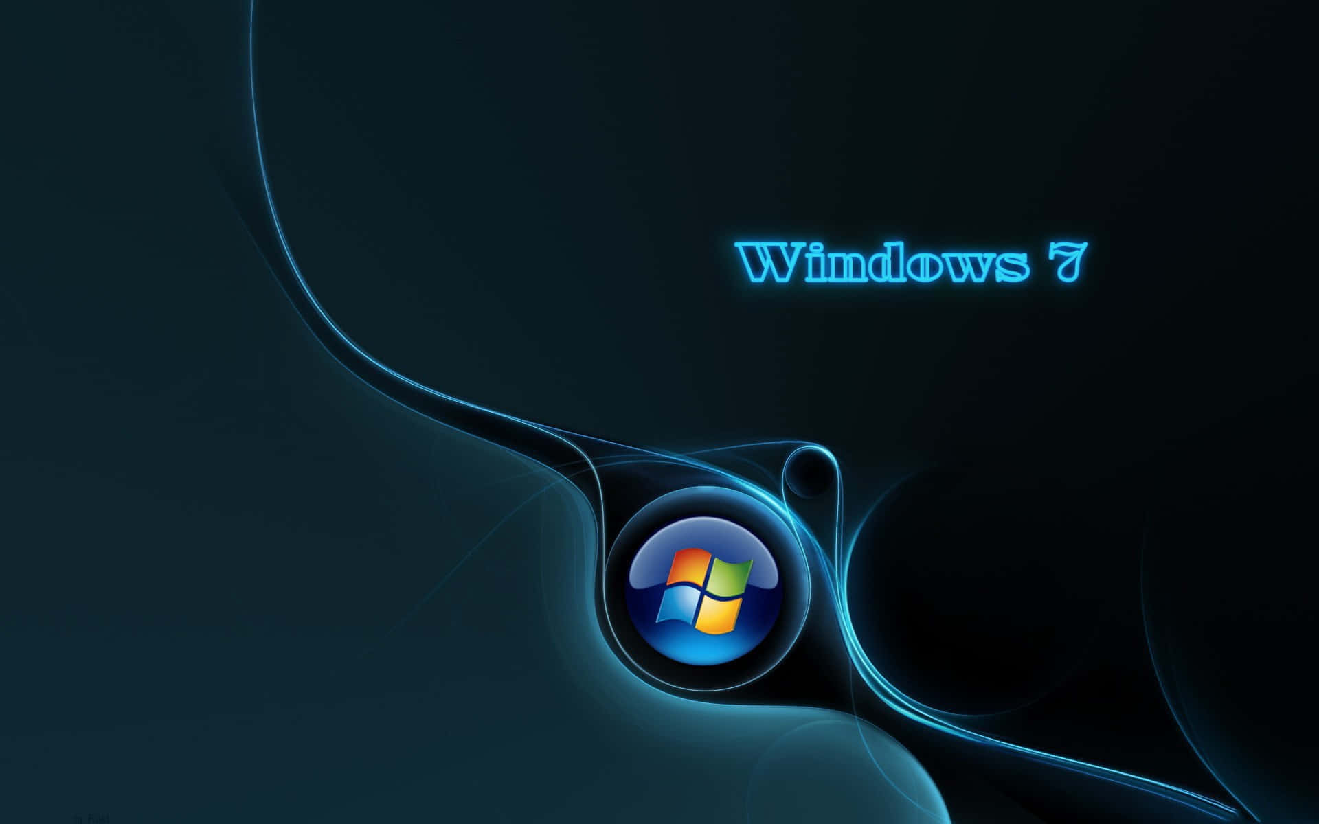 Windows 7 標誌在深色背景上帶有發光的藍色漩渦 — Windows 7 壁紙