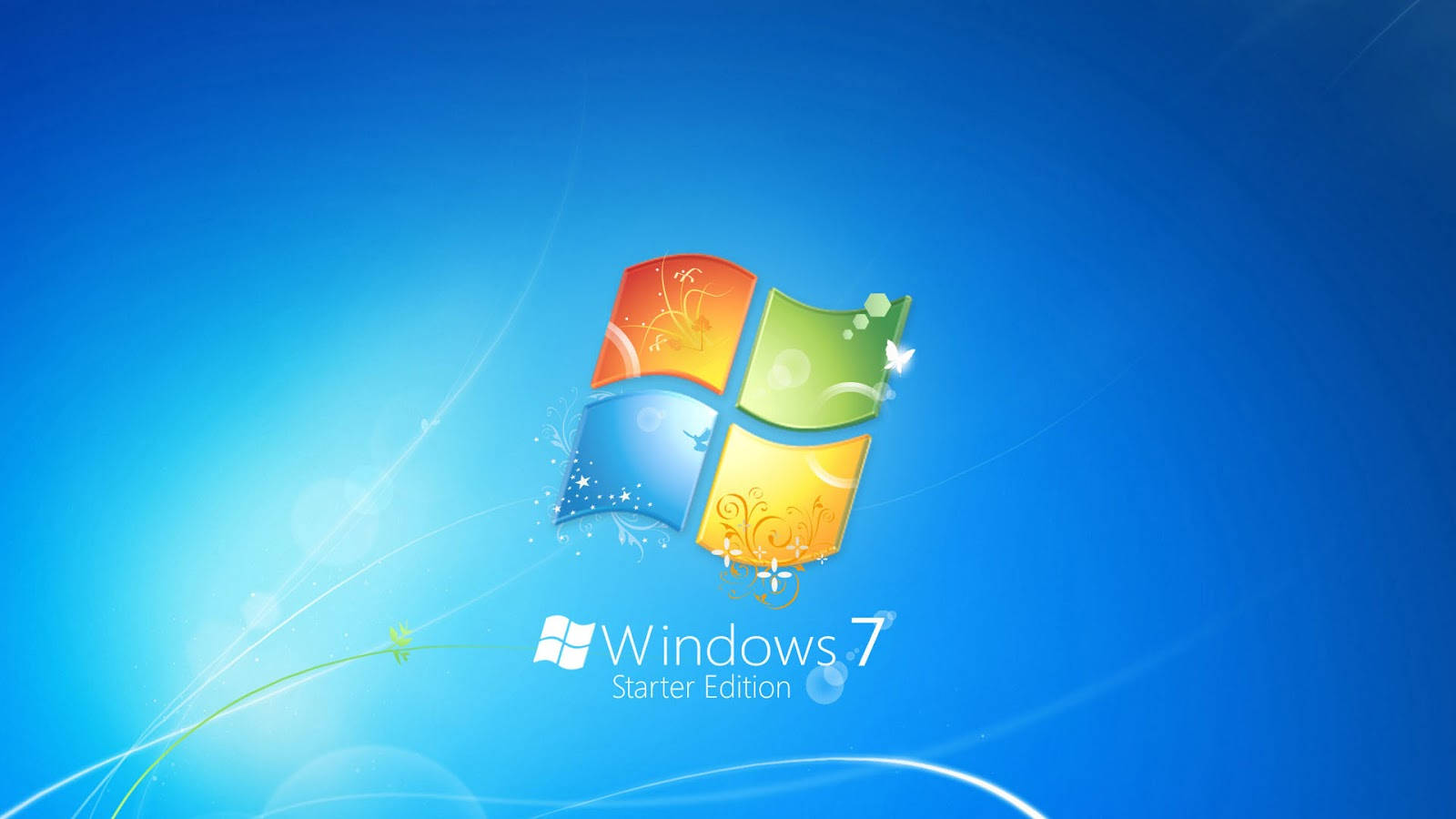 Windows 7 Starter Edition 標誌，帶有花卉漩渦，背景為藍色漸變 — Windows 11 壁紙