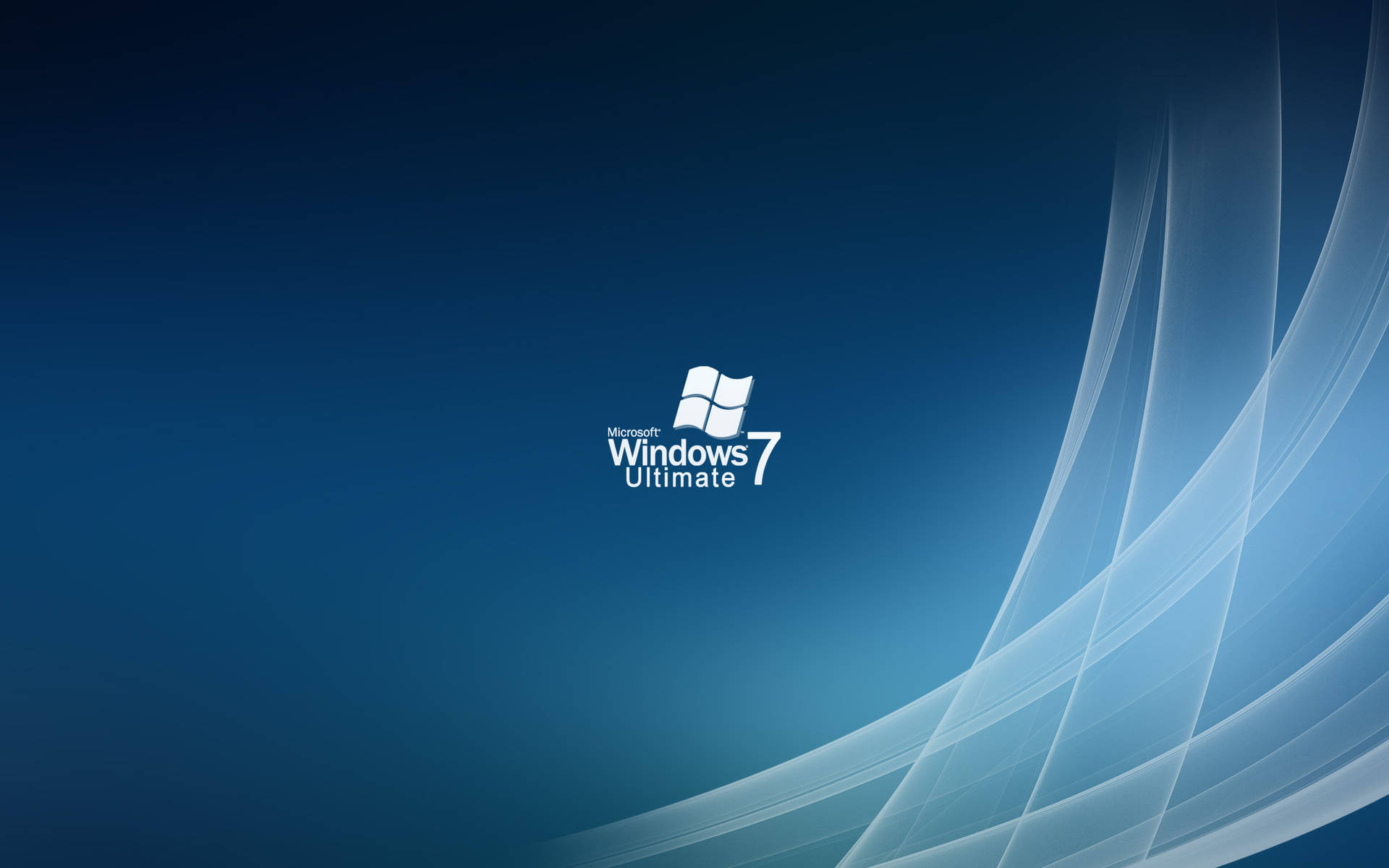 Windows 7 Ultimate 標誌在藍色抽象背景上，帶有流動的白色線條。 — Windows 7 壁紙