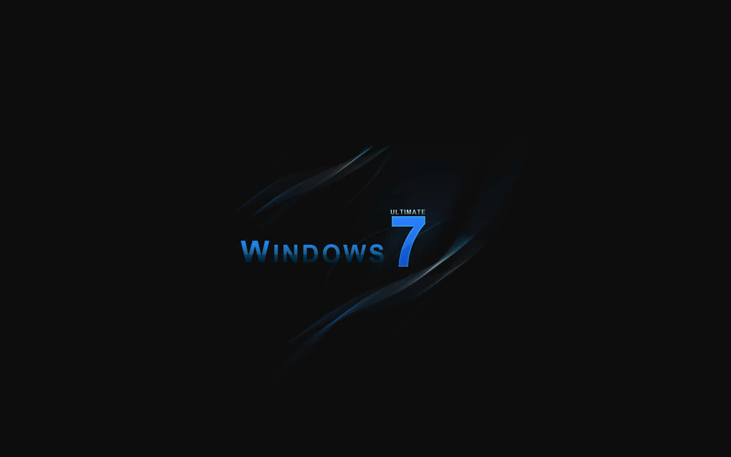 Black Windows 桌布 壁紙 — Windows 7 Ultimate 標誌在時尚的黑色背景上散發著鮮豔的藍色光芒，並帶有流動的抽象光跡。