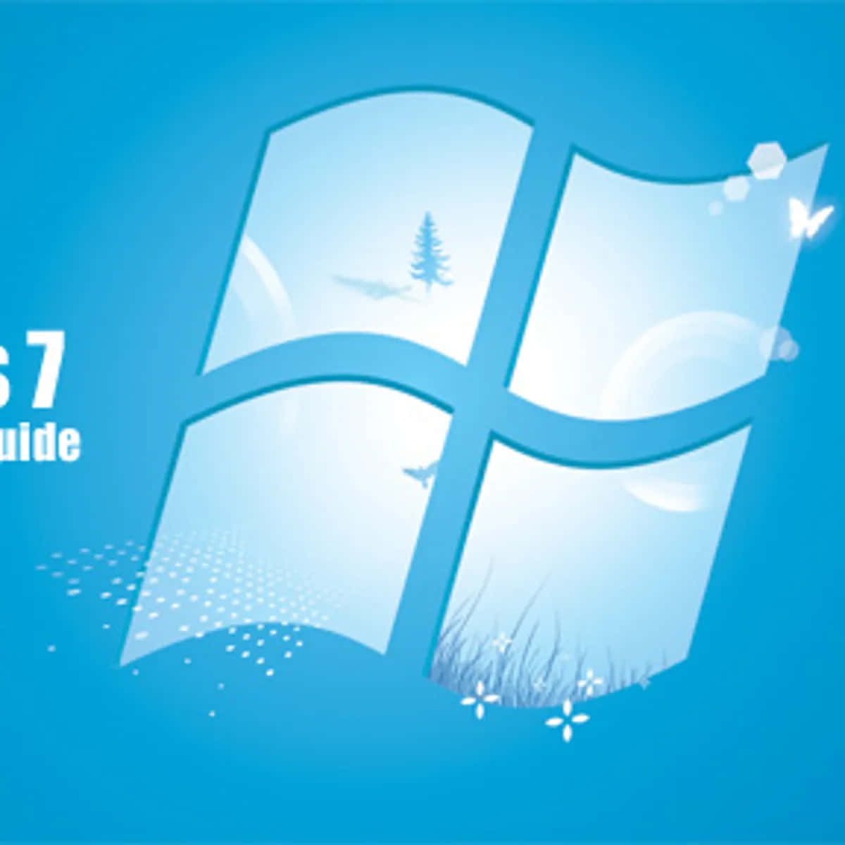 Windows 7 桌布 壁紙 — Windows 7 標誌，半透明窗格顯示松樹、蝴蝶和草地，背景為漸變藍色。