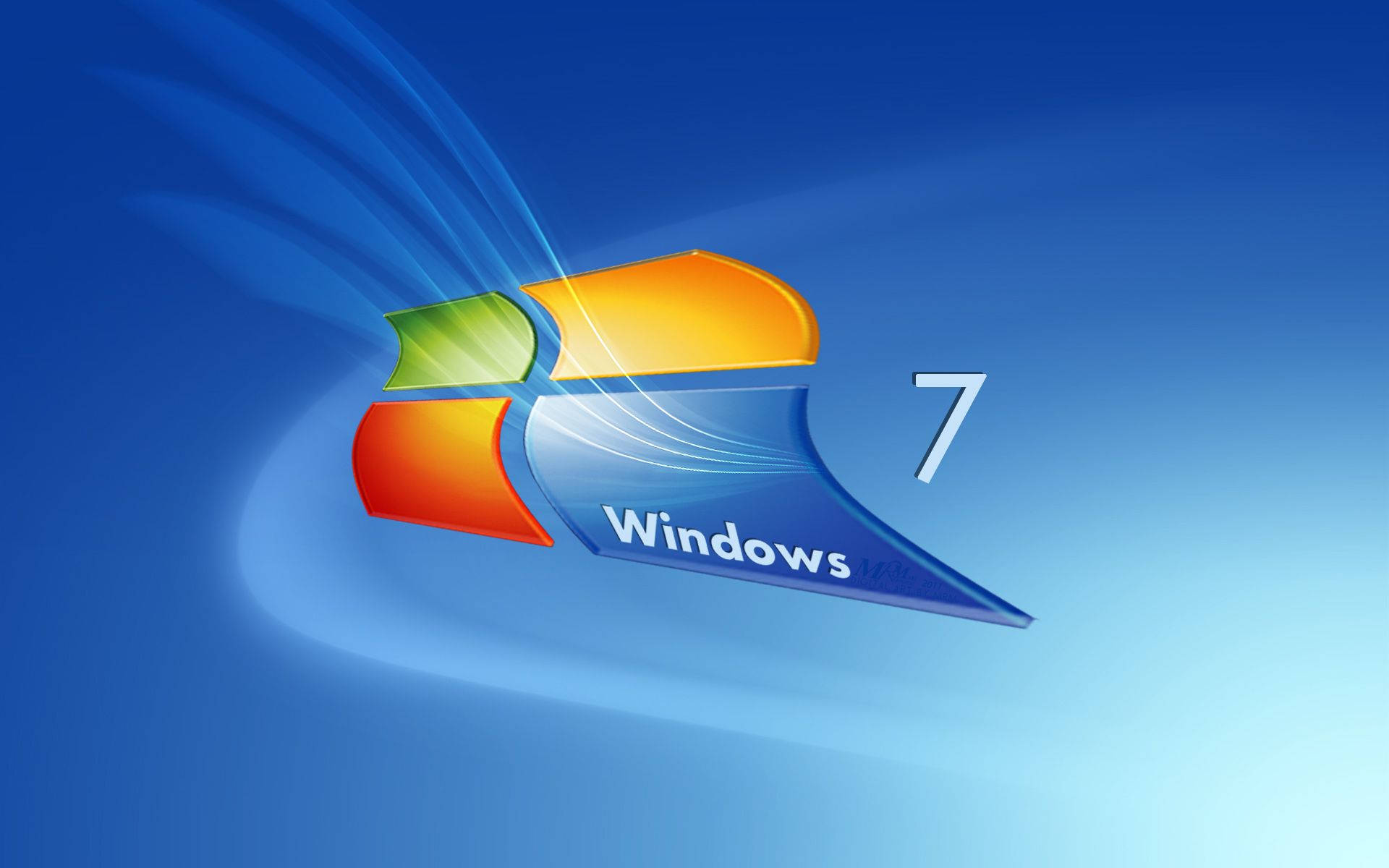 Windows 7 桌布 壁紙 — Windows 7 標誌，帶有彩色玻璃面板和流動的光跡，背景為漸變藍色。