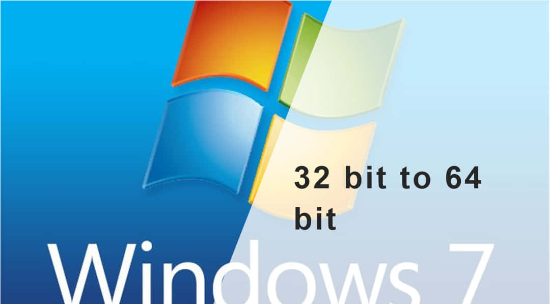 Windows 7 桌布 壁紙 — Windows 7 標誌，帶有從 32 位元到 64 位元的文字，背景為藍色漸變。