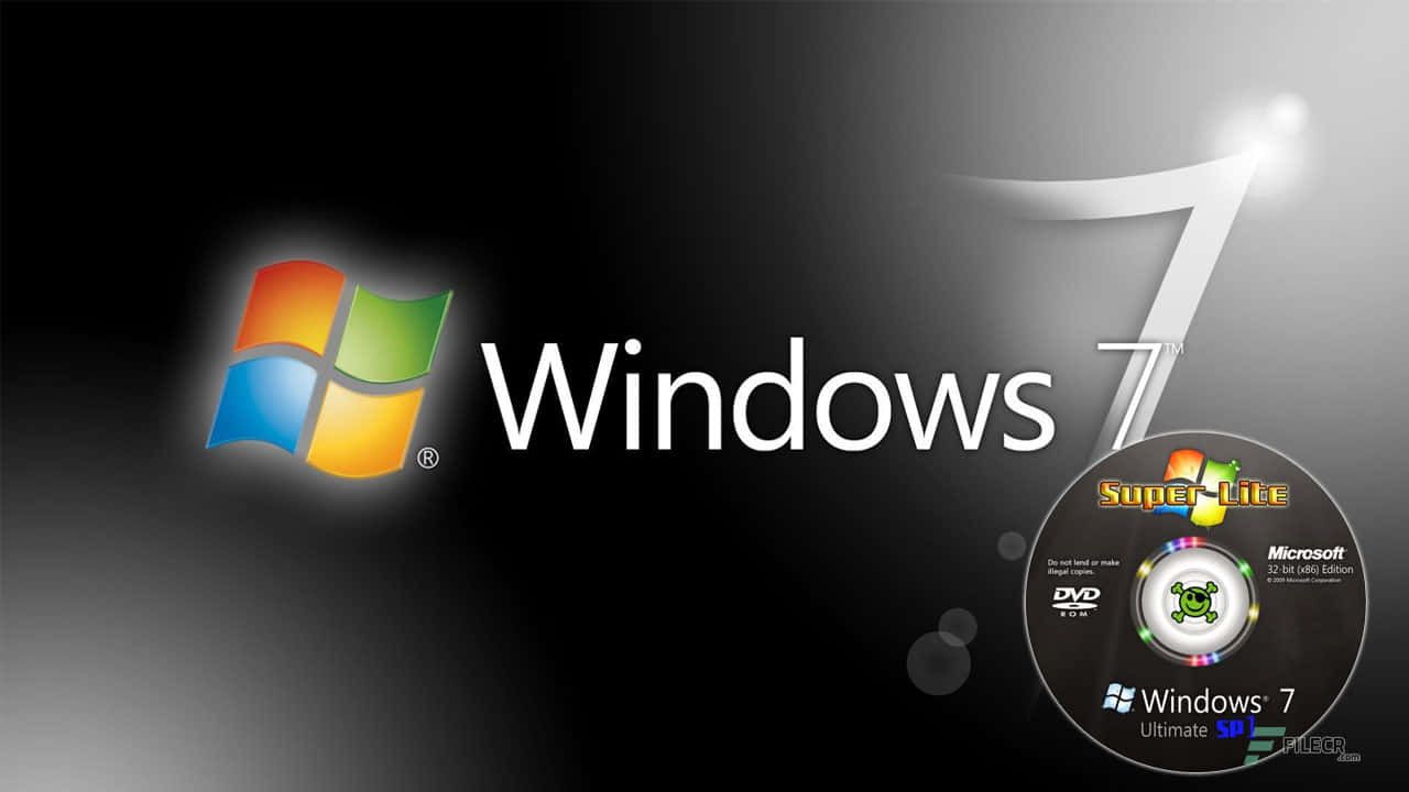 Windows 7 桌布 壁紙 — Windows 7 標誌和 DVD 光碟在深色漸變背景上發光，帶有柔和的光效。