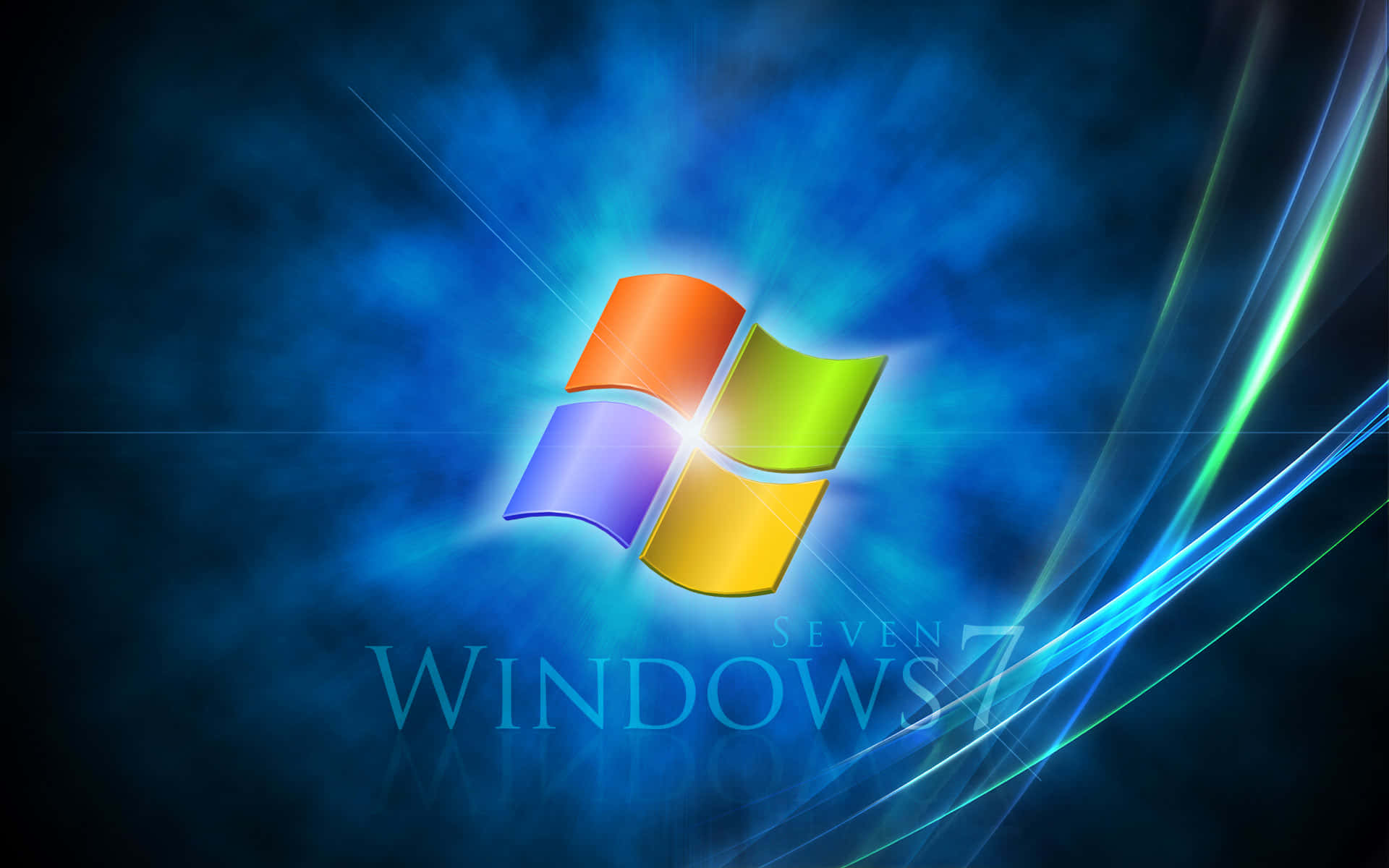 Windows 7 桌布 壁紙 — Windows 7 標誌在帶有光線條紋的動態藍色背景上發出鮮豔色彩的光芒。