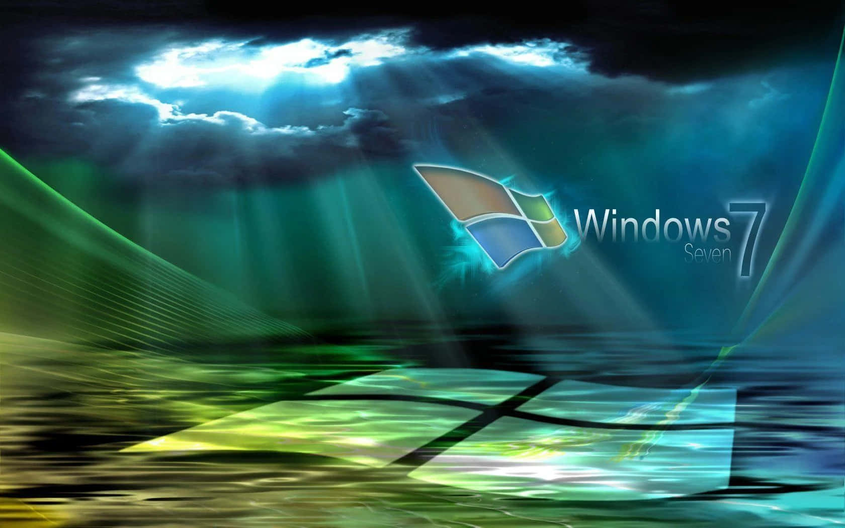 Windows 7 桌布 壁紙 — Windows 7 標誌在戲劇性的藍色光束穿透黑暗暴風雲層，在發光的抽象景觀上方閃耀。