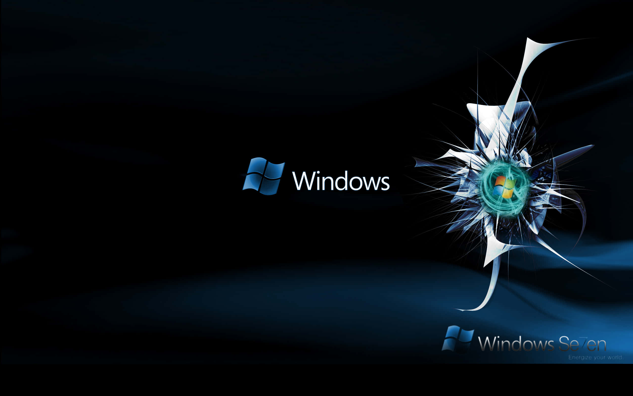 Windows 7 桌布 壁紙 — Windows 7 標誌從破碎玻璃效果中浮現，背景為深藍色漸變。