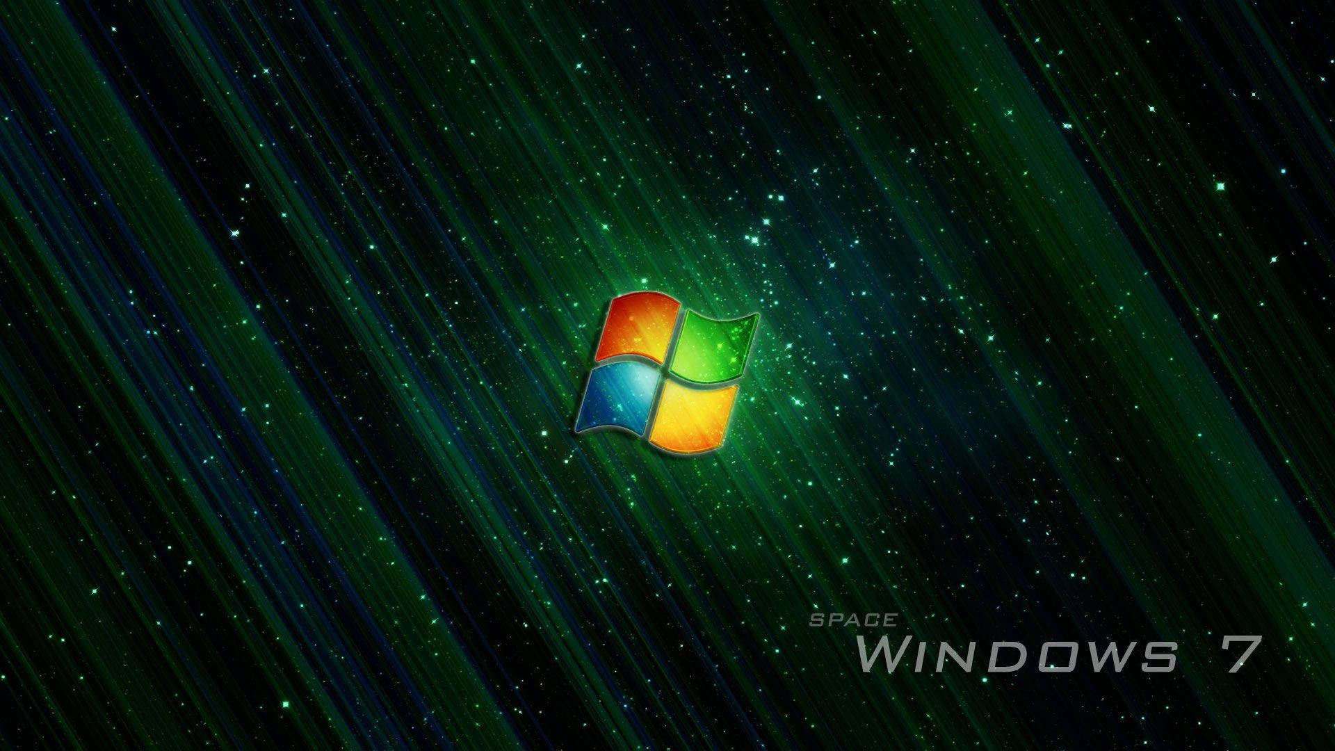 Dark Windows 桌布 壁紙 — Windows 7 標誌漂浮在充滿活力的綠色星空之中，伴隨著宇宙射線和發光粒子。