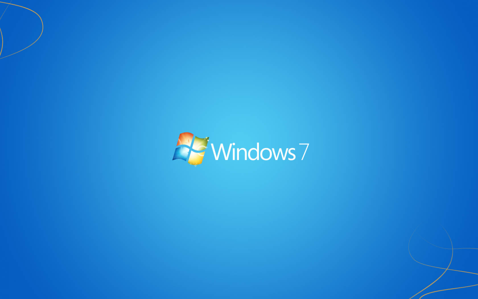 Windows 桌布 壁紙 — Windows 7 標誌置中於漸變藍色背景上，角落有細微的金色漩渦紋。