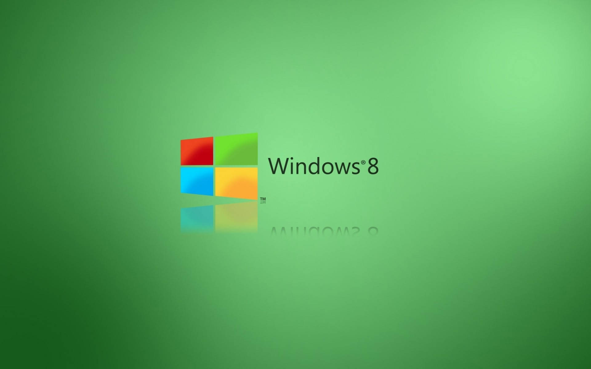 漸層 桌布 壁紙 — Windows 8 標誌，帶有彩色方塊和反射，背景為漸變綠色。