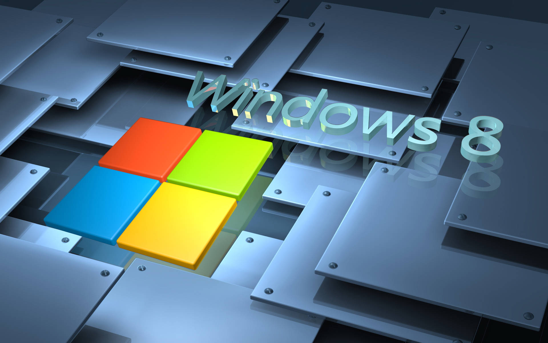 金屬質感 桌布 壁紙 — Windows 8 標誌，採用色彩繽紛的磁磚和金屬面板，呈現未來數位設計風格。