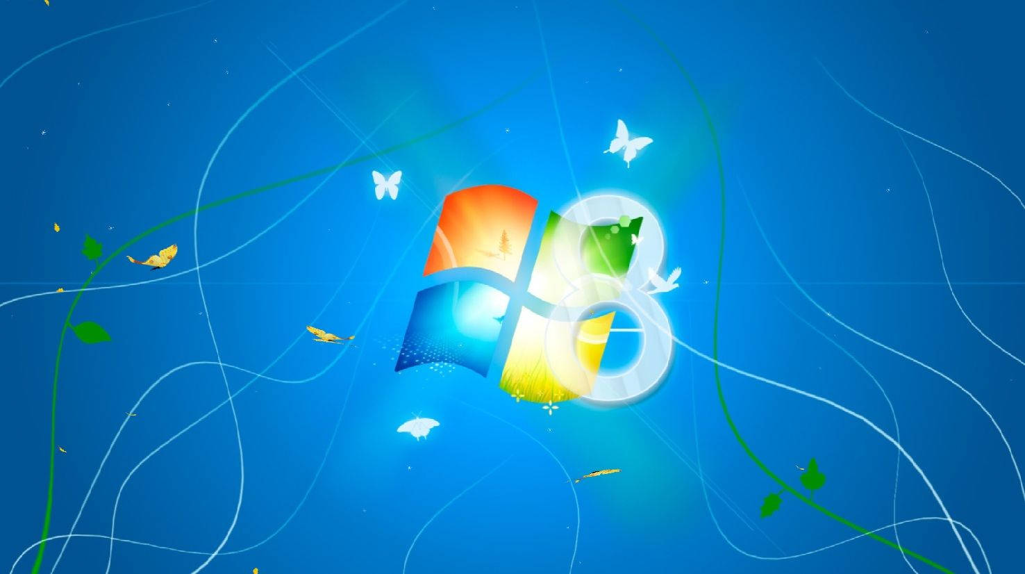 Windows 10 桌布 壁紙 — Windows 8 標誌在充滿活力的藍色數位背景上閃爍，伴有蝴蝶和藤蔓。