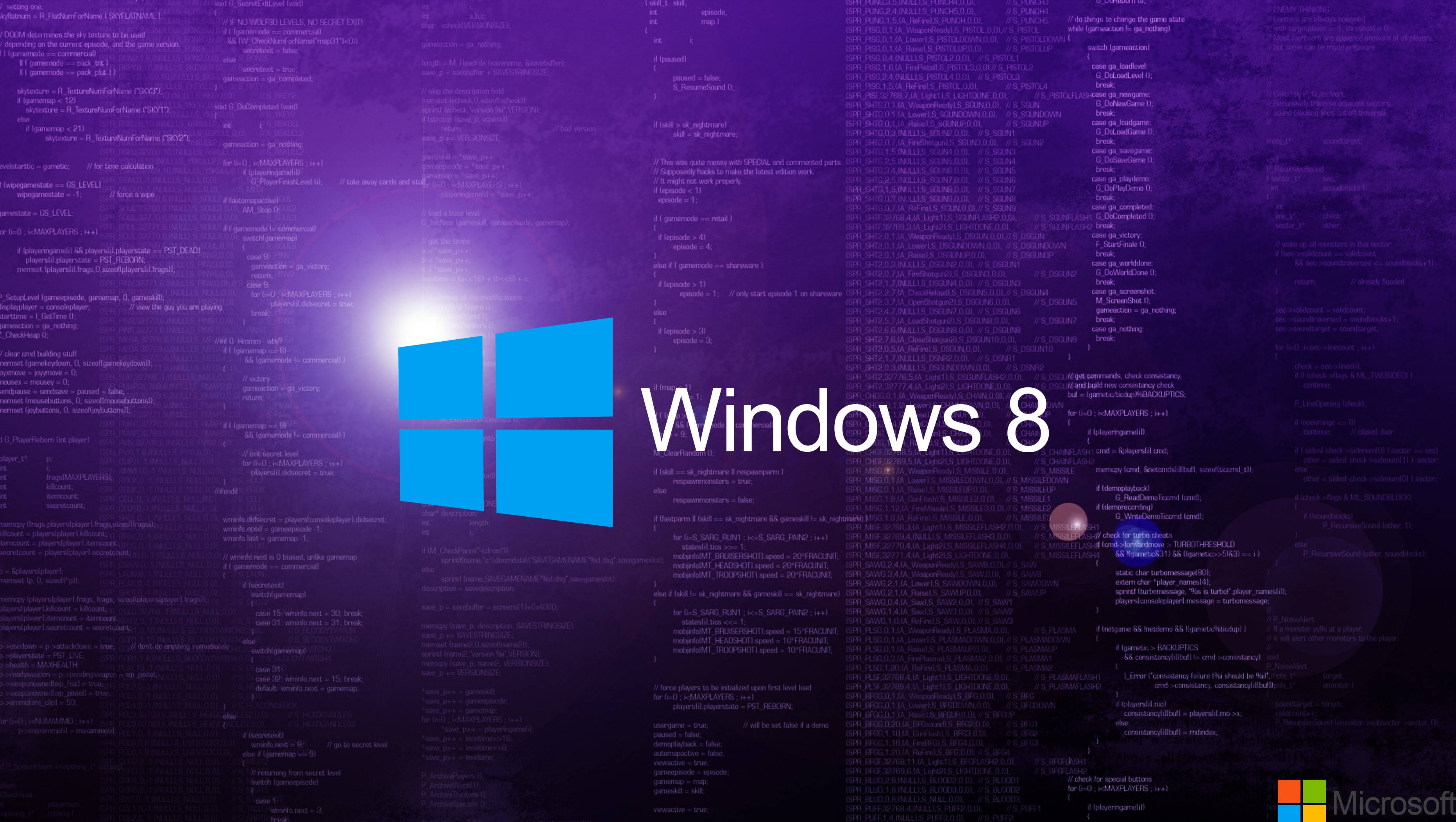 紫色 桌布 壁紙 — Windows 8 標誌在充滿級聯程式碼和鏡頭光暈的紫色背景上發出藍色光芒。