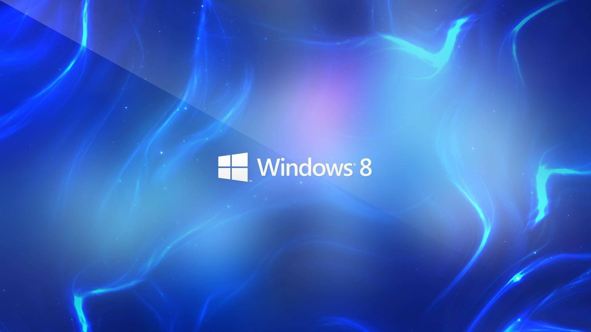  壁紙 — Windows 8 標誌居中於動態藍色抽象背景上，帶有發光的光條和微小的星狀粒子。