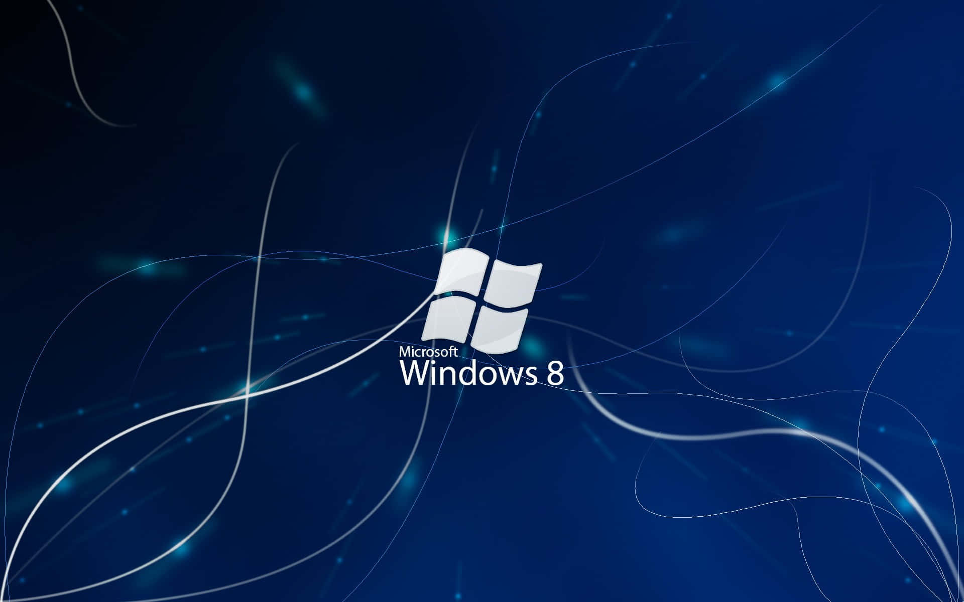 Windows Default 桌布 壁紙 — Windows 8 標誌居中於深藍色背景上，帶有發光的白色線條和光粒子。