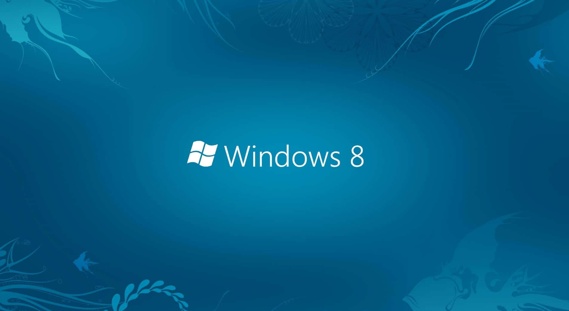 Windows 8 桌布 壁紙 — Windows 8 標誌居中於漸變藍色背景上，角落有細緻的花卉和鳥類剪影。
