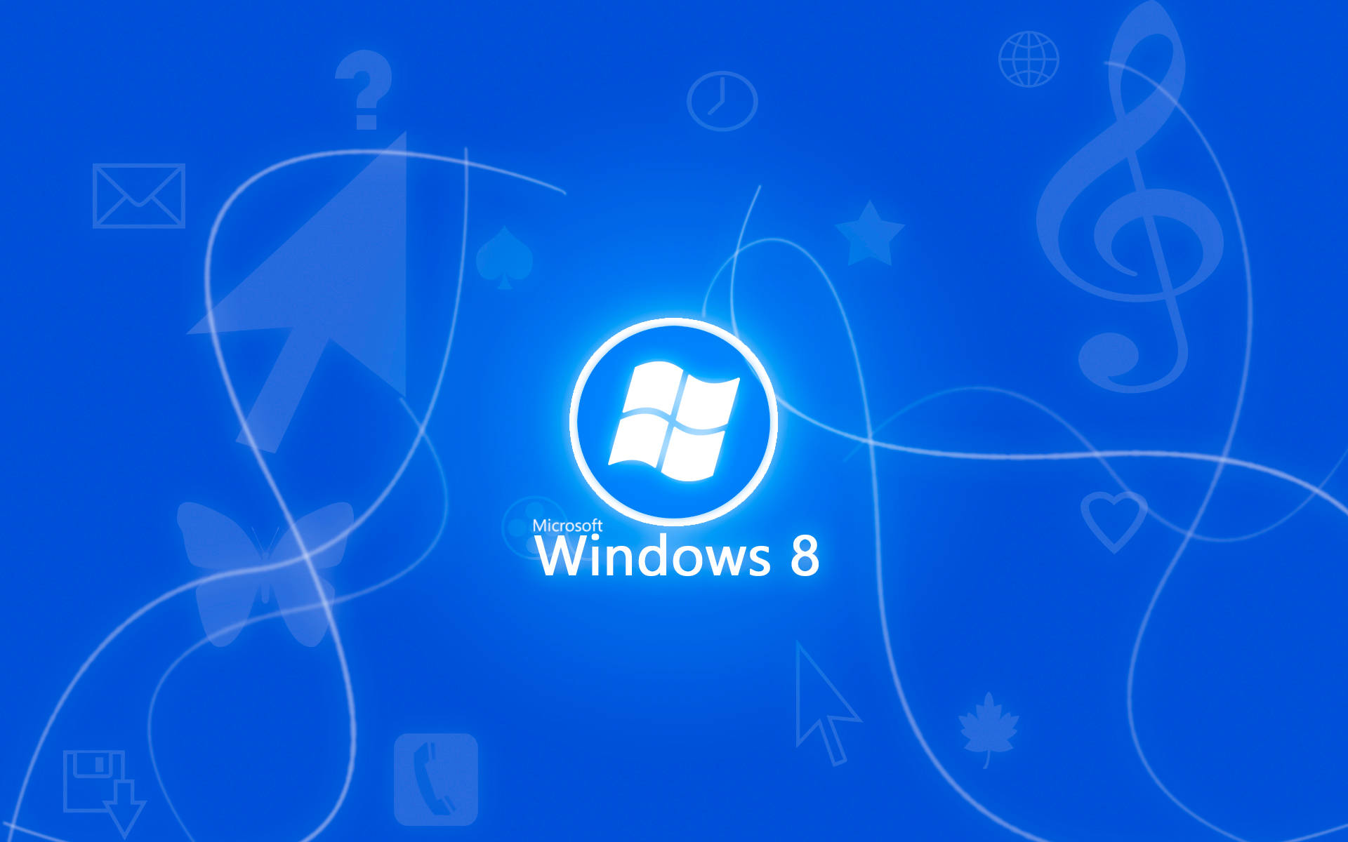 藍色 桌布 壁紙 — Windows 8 標誌居中顯示在充滿活力的藍色背景上，帶有浮動的應用程式圖標和抽象漩渦。