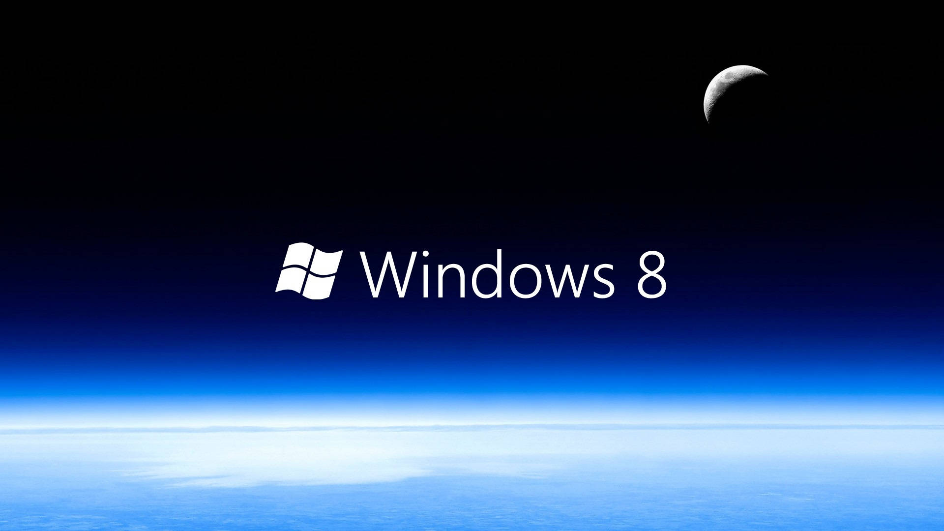 月光 桌布 壁紙 — Windows 8 標誌漂浮在地球的藍色曲線上方，下方是新月，在太空中。
