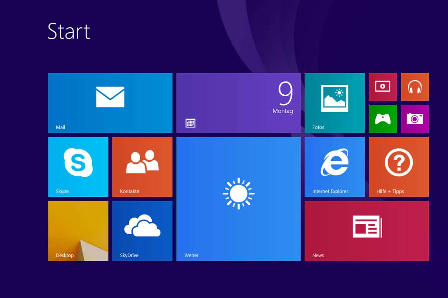 Windows 8 開始畫面，顯示應用程式磚塊，滑鼠游標懸停在桌面之上。 — Microsoft 壁紙