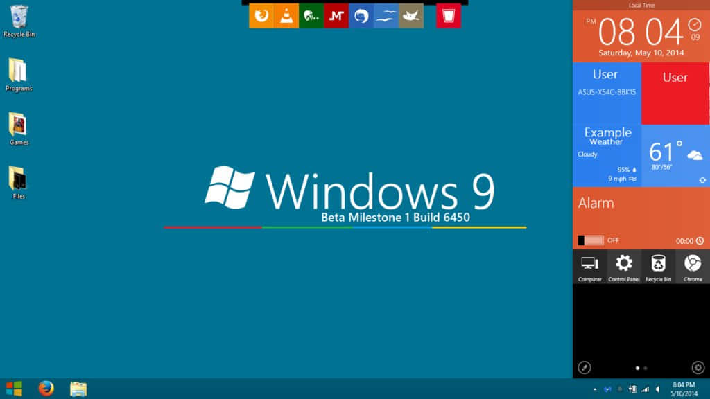 Windows Computer 桌布 壁紙 — Windows 9 Beta 桌面，帶有青綠色背景和顯示天氣與時間的動態磚。