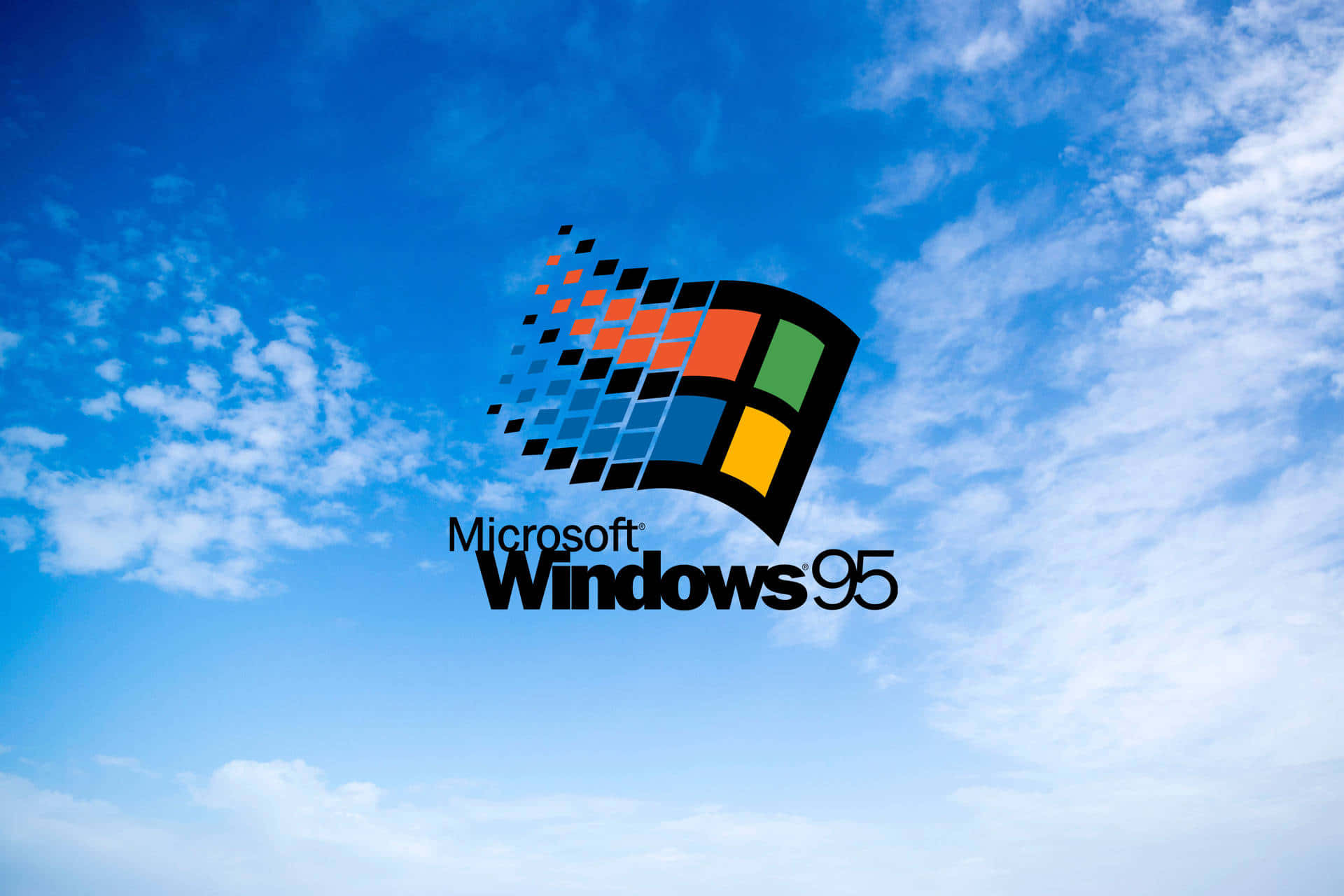 Windows 桌布 壁紙 — Windows 95 標誌，帶有彩色像素化視窗圖形，漂浮在藍天白雲的背景上。