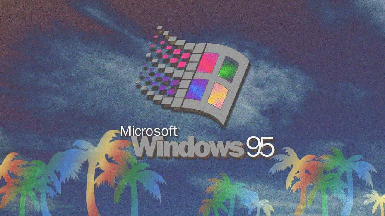 90s Aesthetic Laptop 桌布 壁紙 — Windows 95 標誌漂浮在彩虹棕櫚樹上方，背景是陰暗多雲的天空，帶有像素化故障效果。