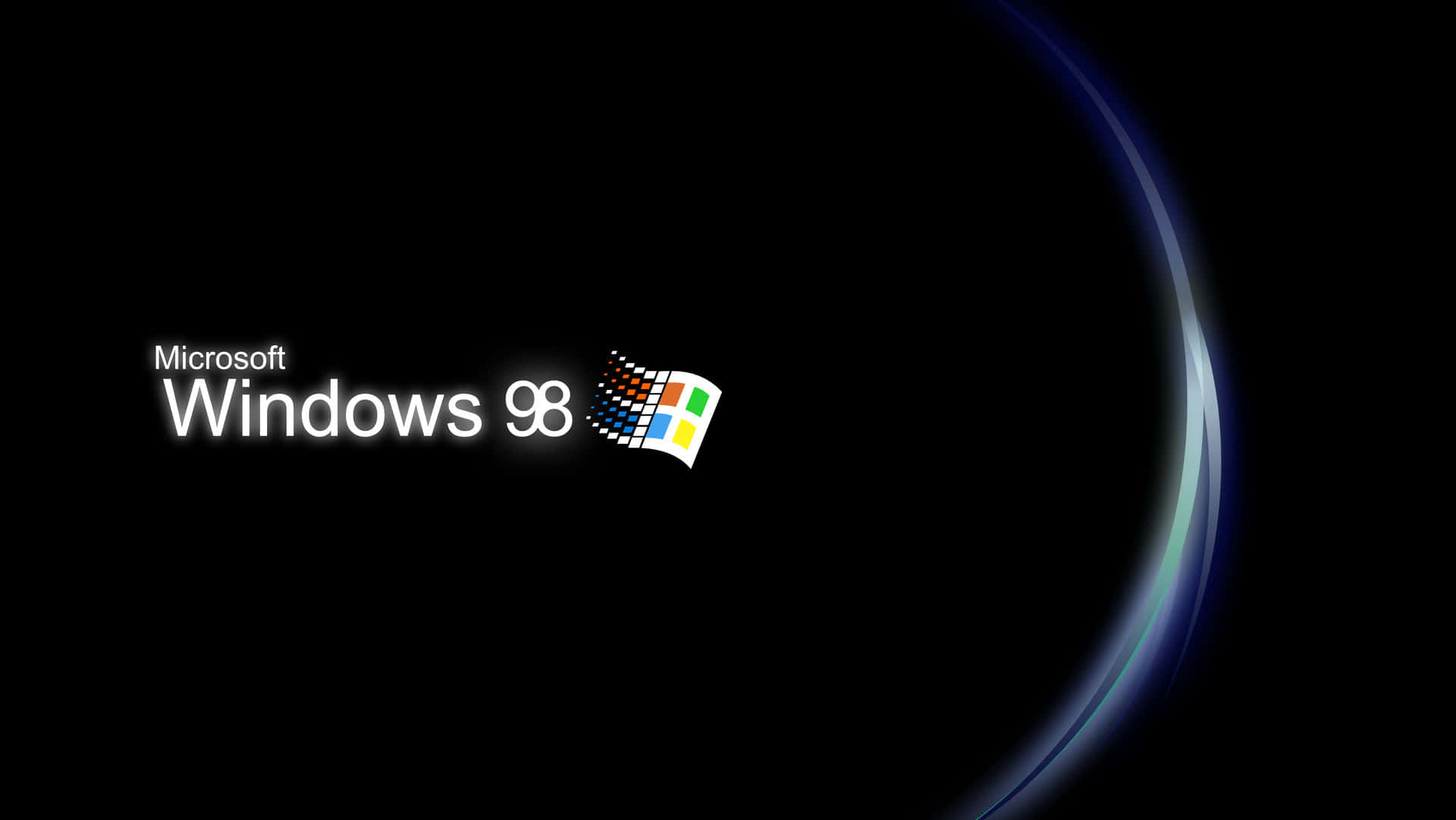 Windows 98 桌布 壁紙 — Windows 98 標誌在黑色背景上發出白色光芒，右側有一條色彩繽紛的彎曲光跡。