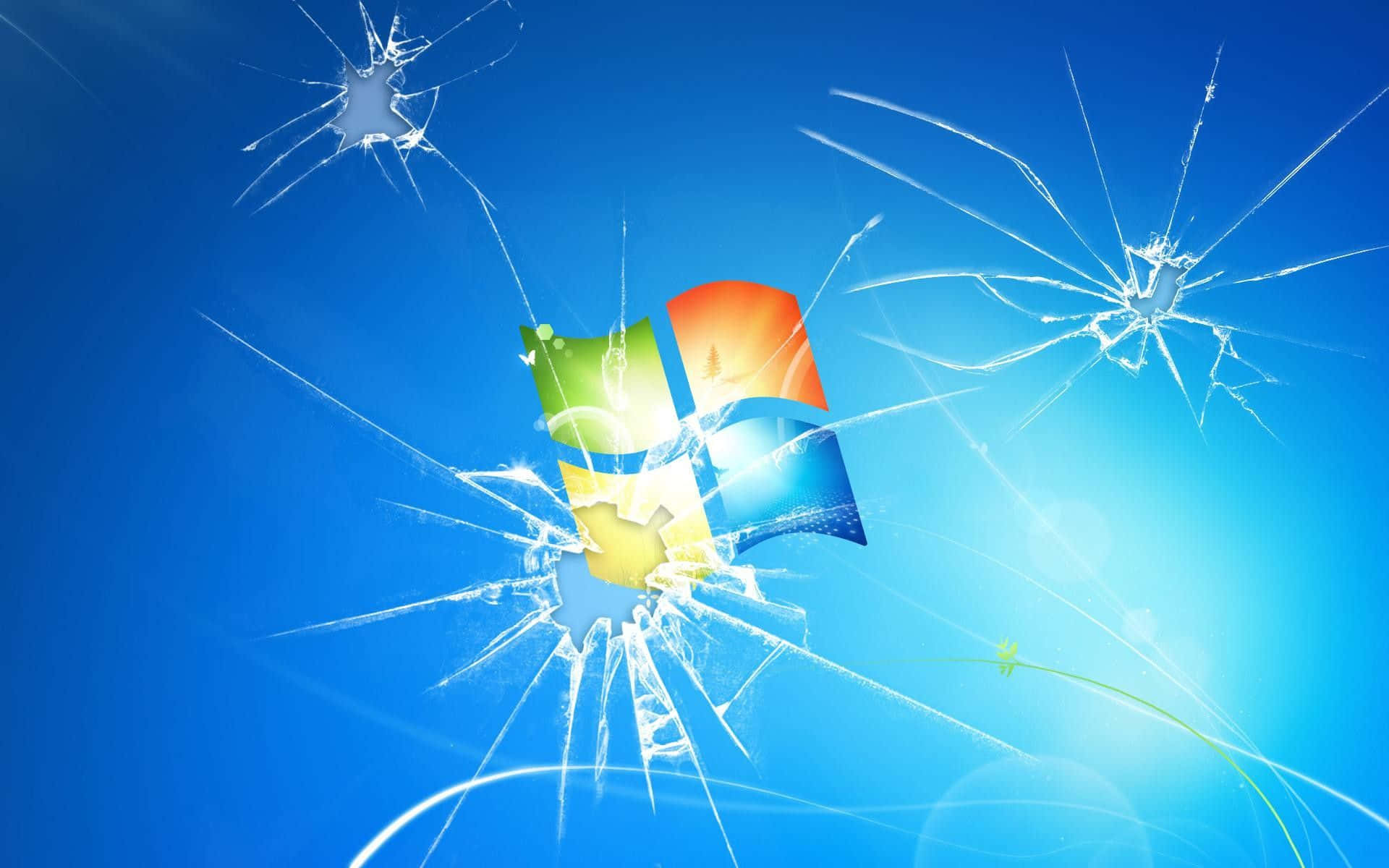  壁紙 — Windows 標誌碎裂在裂開的藍色玻璃上，帶有明亮光線和鏡頭光暈。